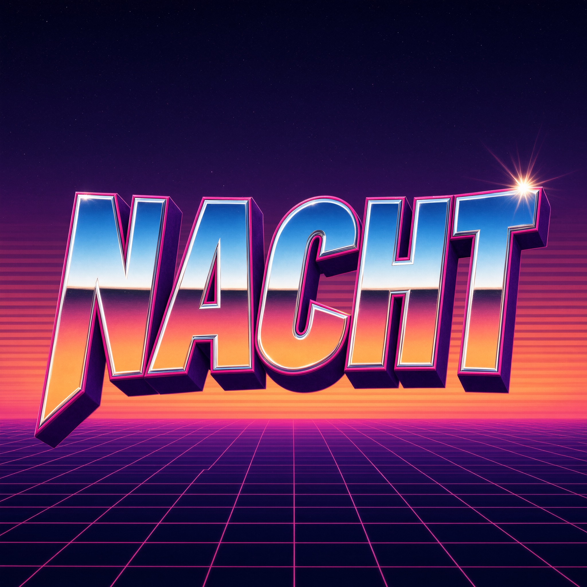 80er Schrift KI-Schrift, erstellt mit Qwen-Image: das Wort NACHT