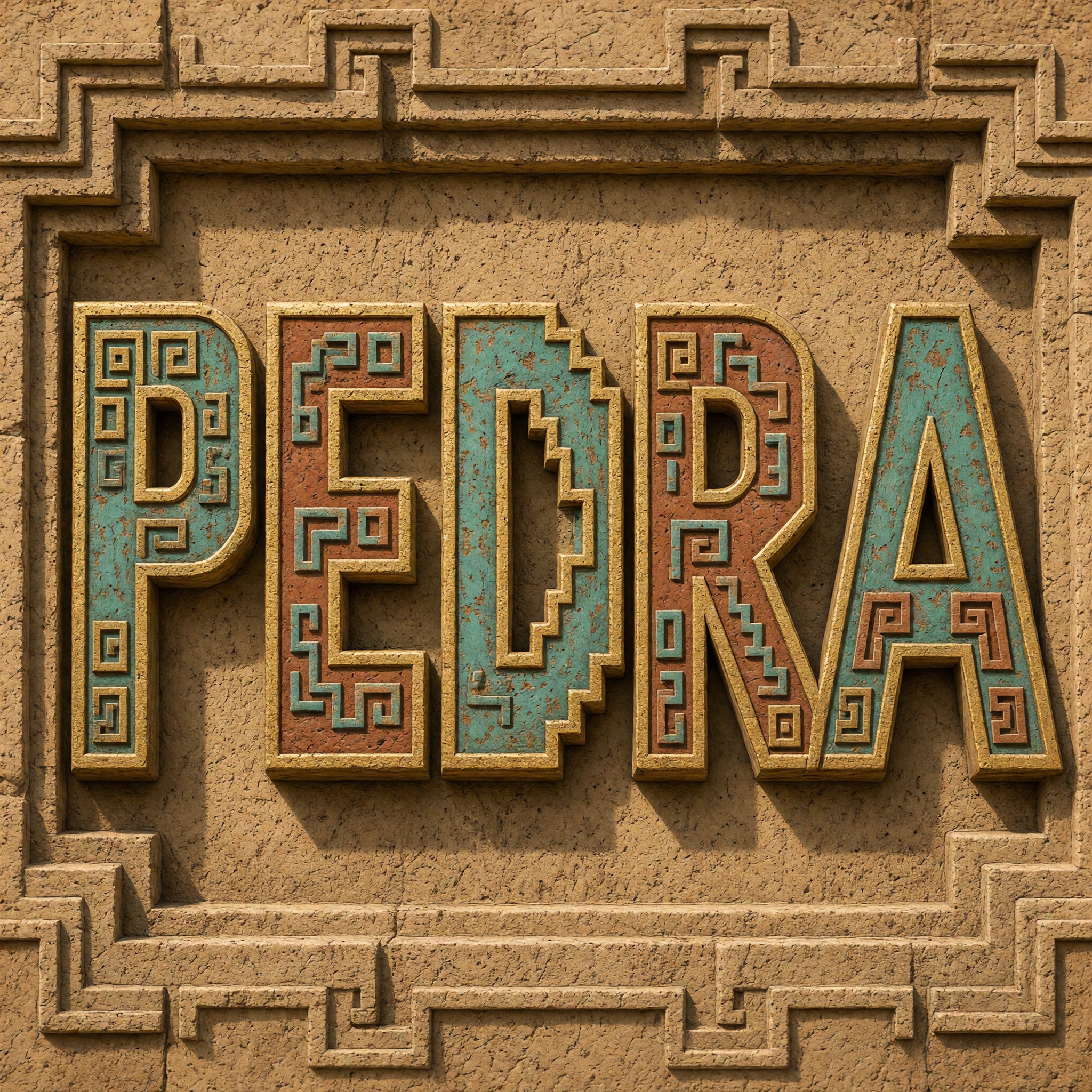 Fonte de IA Letras astecas gerada no Grok Imagine: a palavra PEDRA
