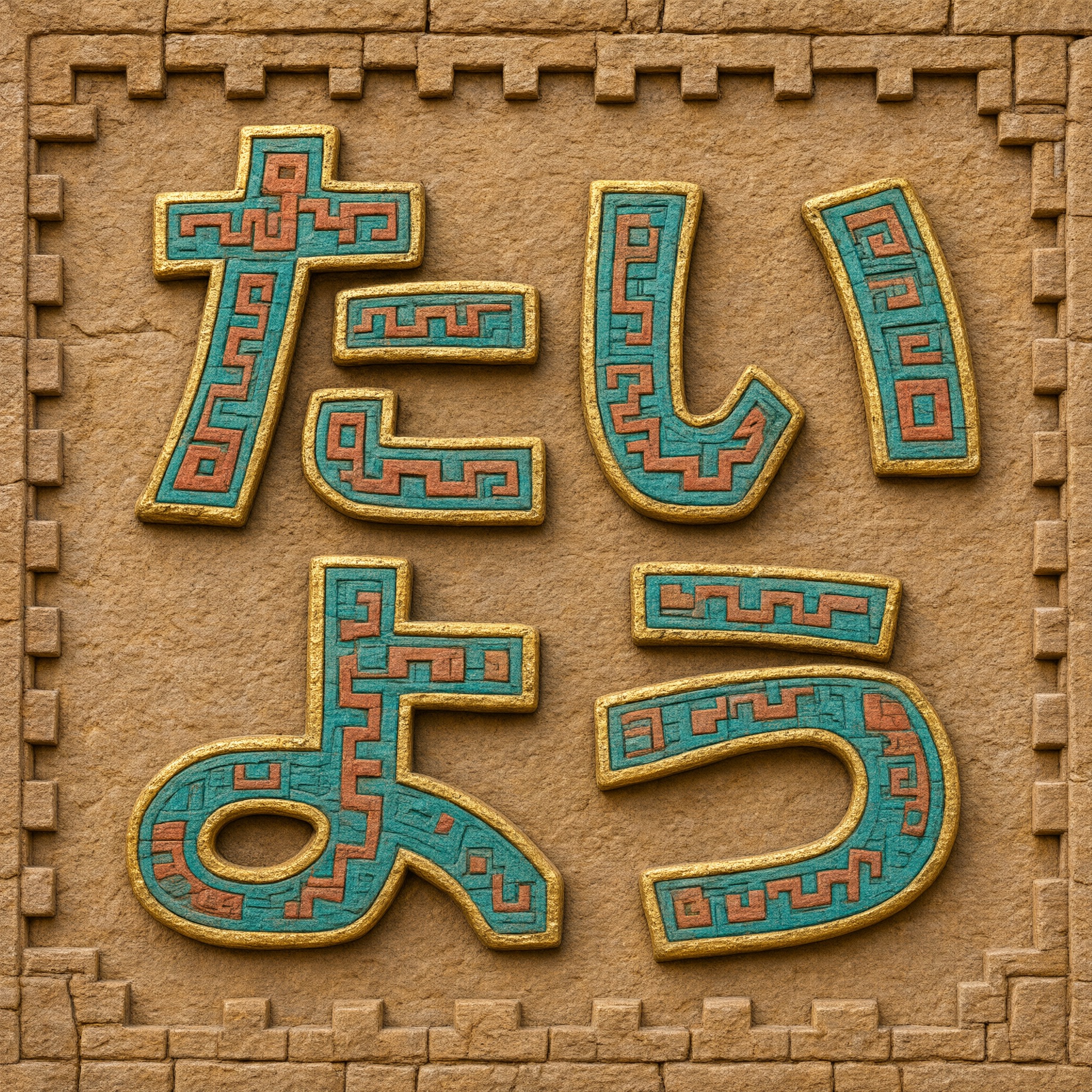 Qwen-Image で生成した アステカ風の文字 AIフォント:文字「たいよう」