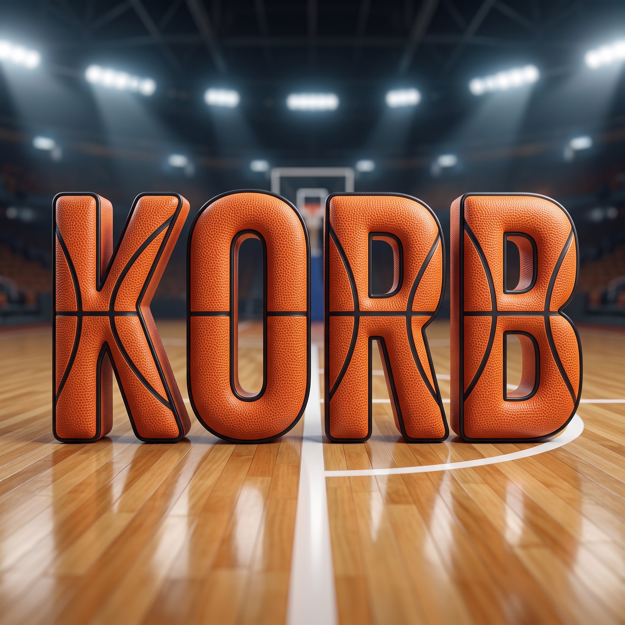 Basketball-Schrift KI-Schrift, erstellt mit Nano Banana: das Wort KORB