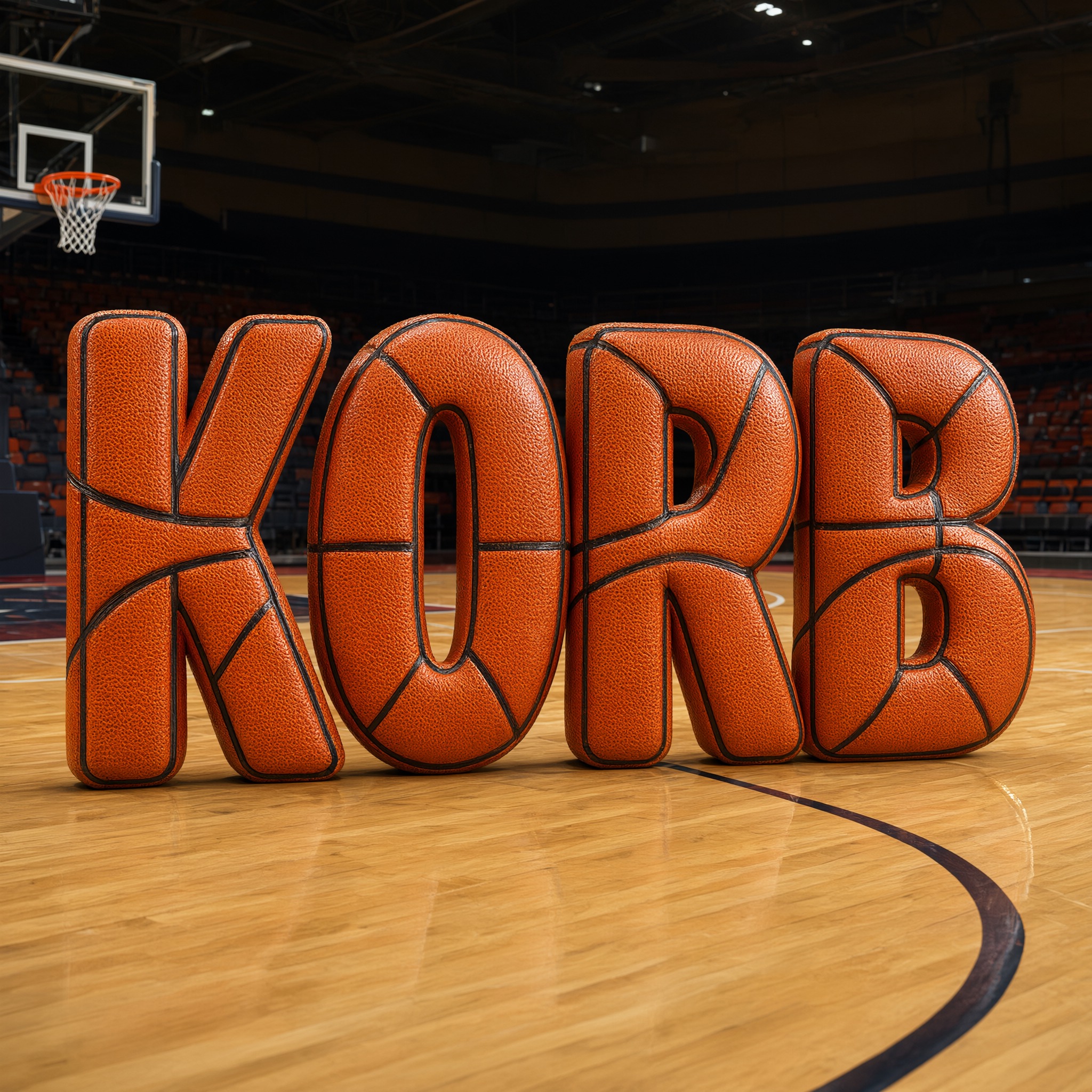 Basketball-Schrift KI-Schrift, erstellt mit Qwen-Image: das Wort KORB
