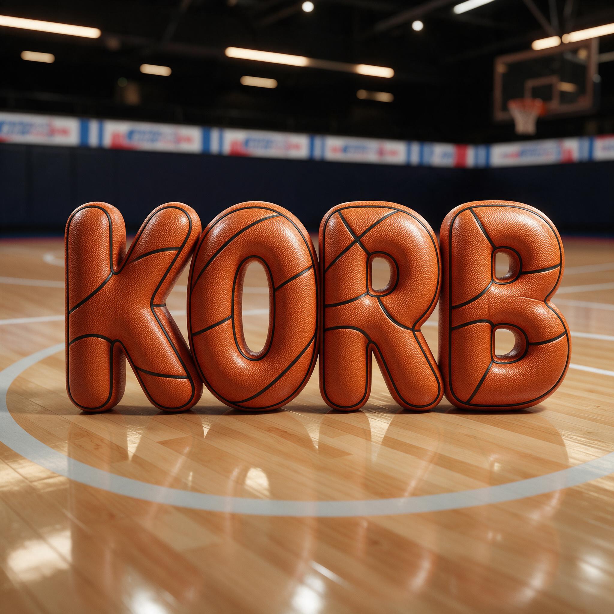 Basketball-Schrift KI-Schrift, erstellt mit Seedream: das Wort KORB