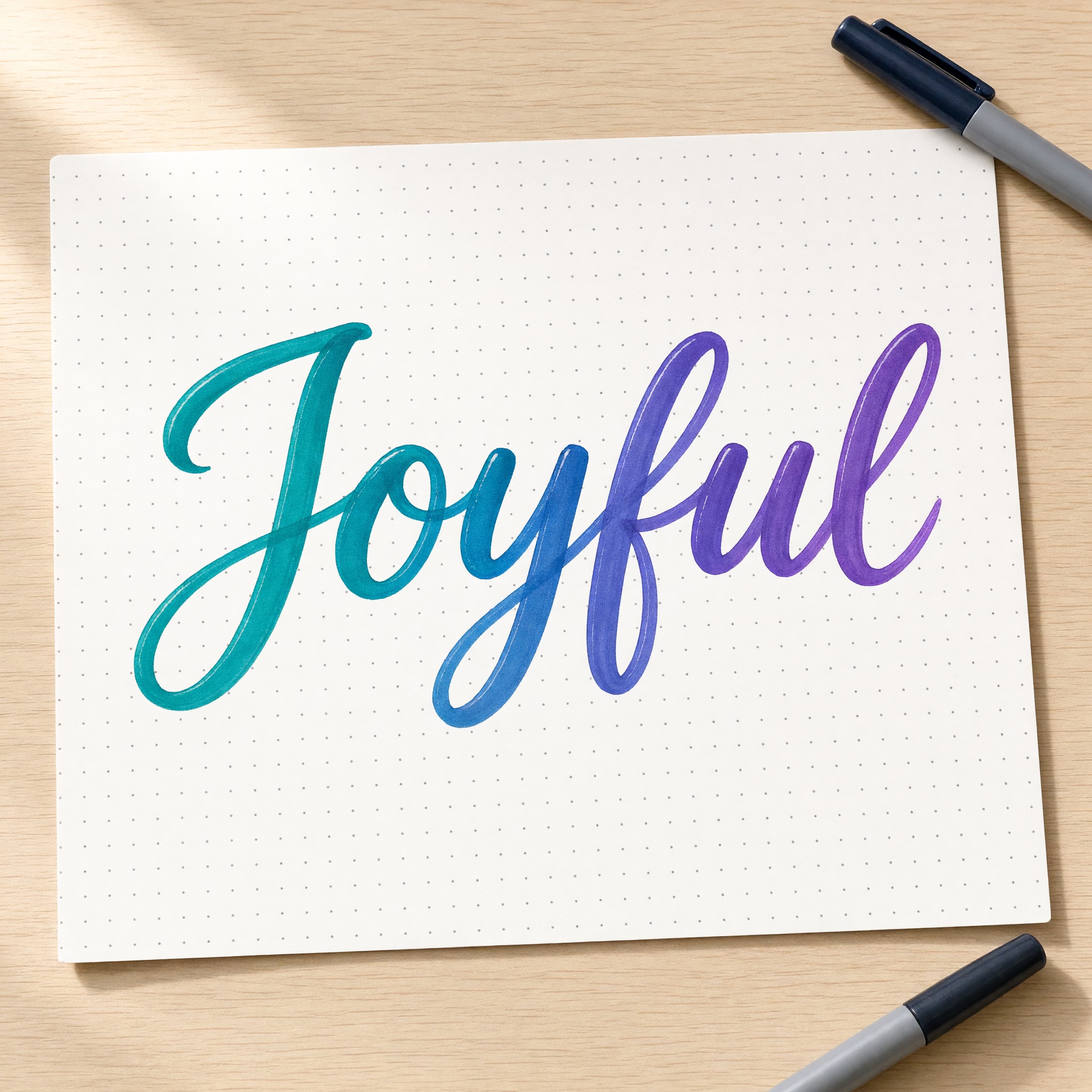 Brush Lettering AI font generated with Grok Imagine: the word Joyful