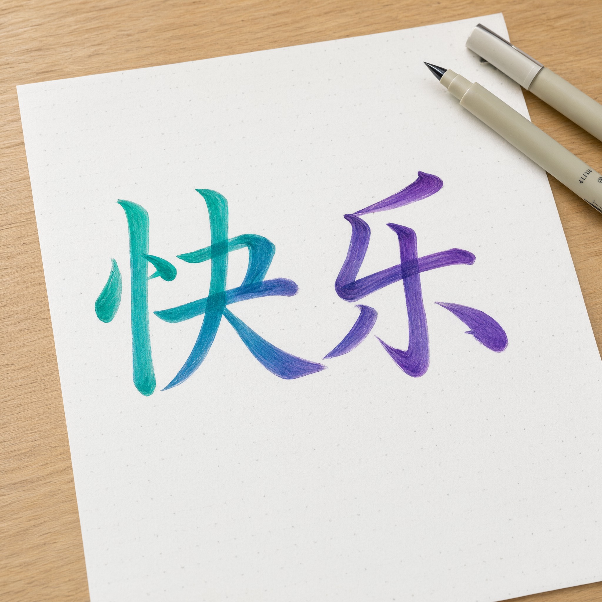 软头笔英文书法 AI 字体在 Qwen-Image 上的生成结果：文字 快乐