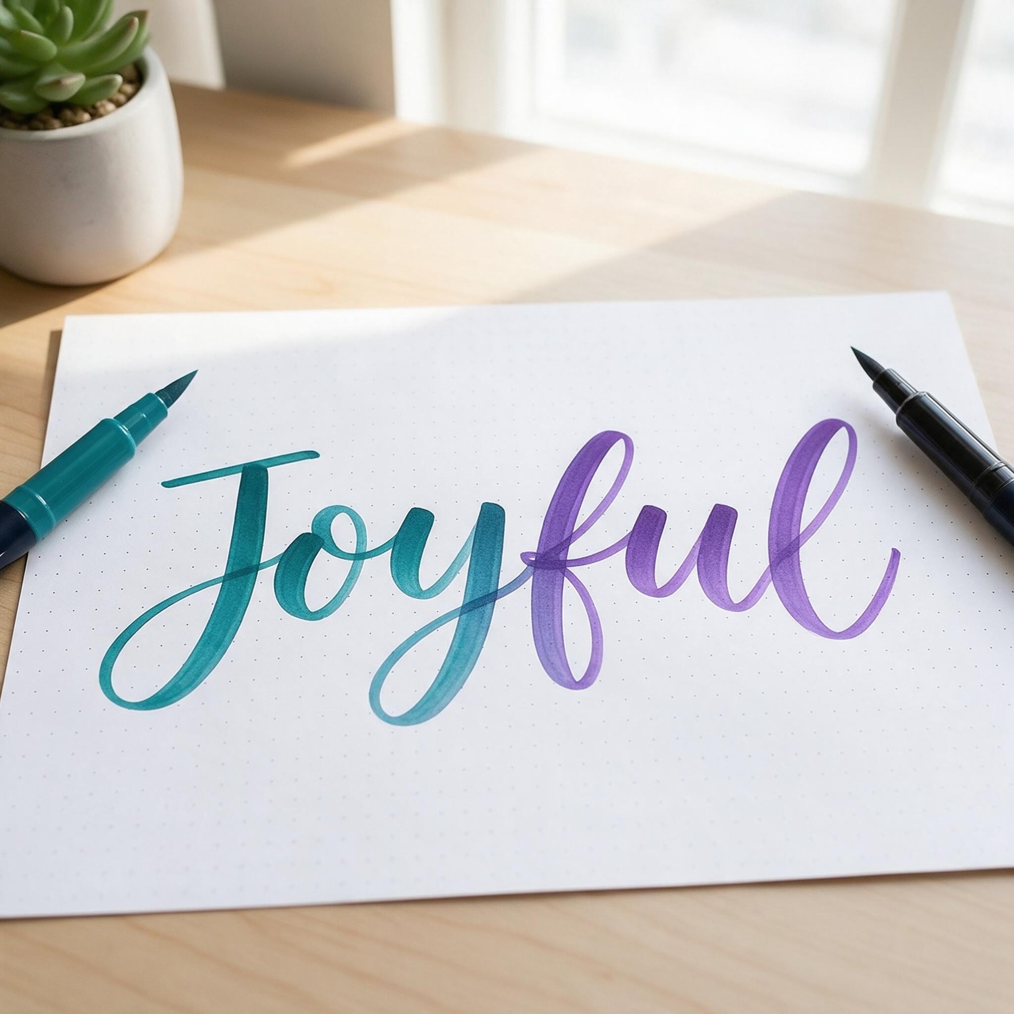 Brush Lettering AI font generated with Seedream: the word Joyful
