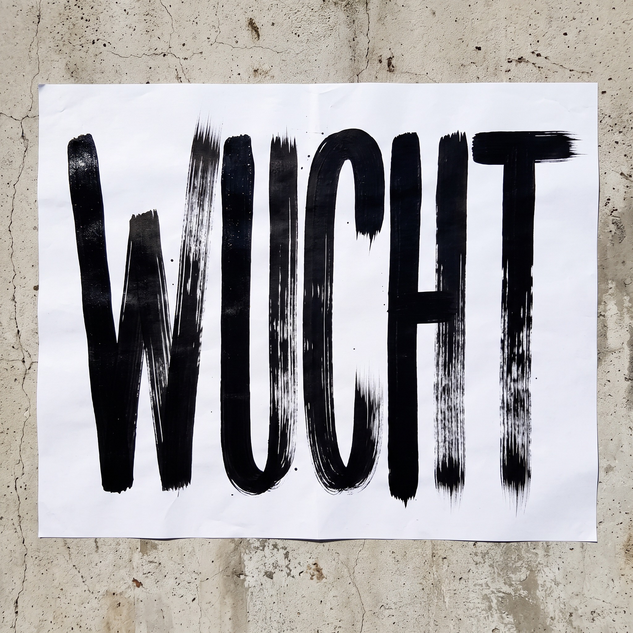 Pinselstrich-Schrift KI-Schrift, erstellt mit Nano Banana: das Wort WUCHT