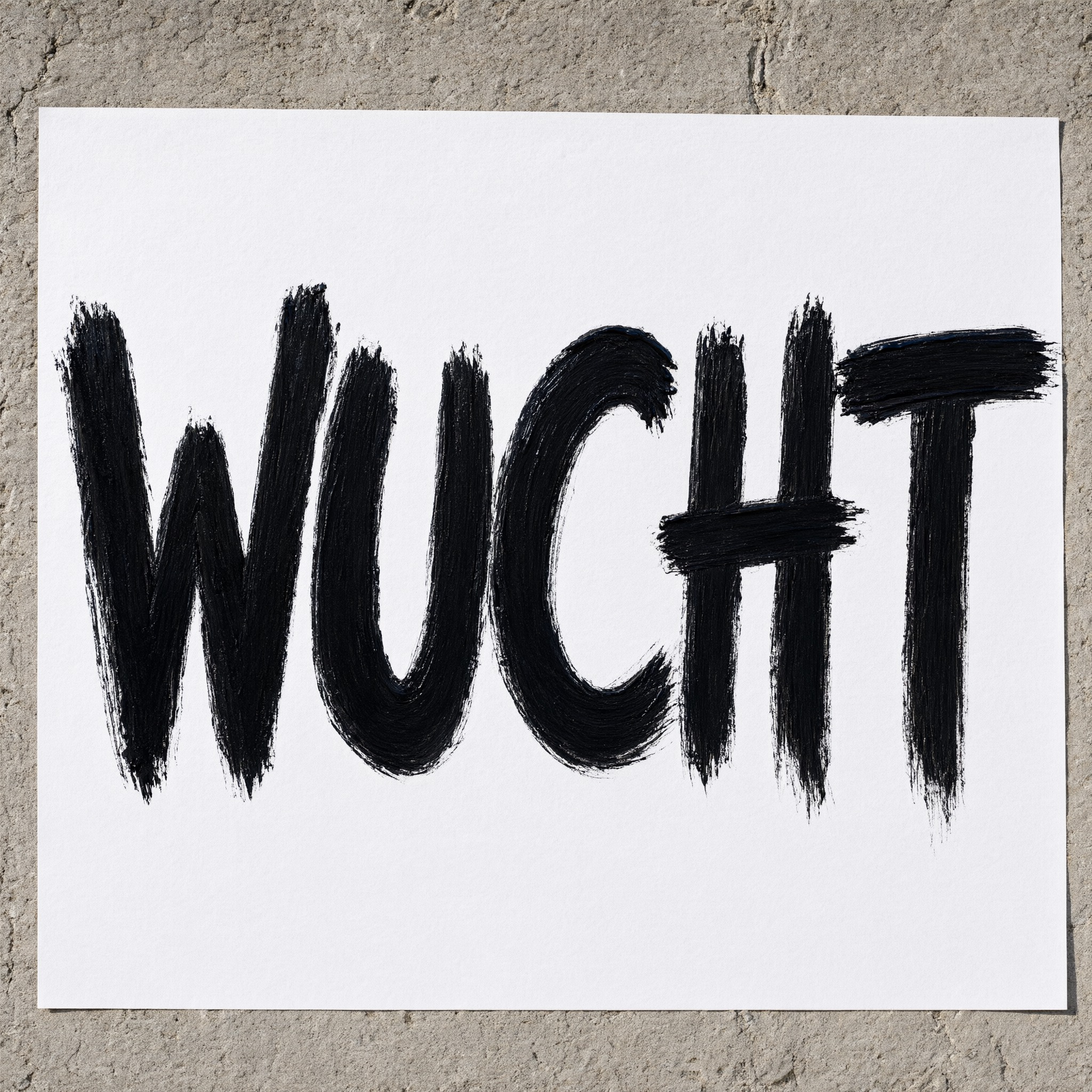 Pinselstrich-Schrift KI-Schrift, erstellt mit Qwen-Image: das Wort WUCHT