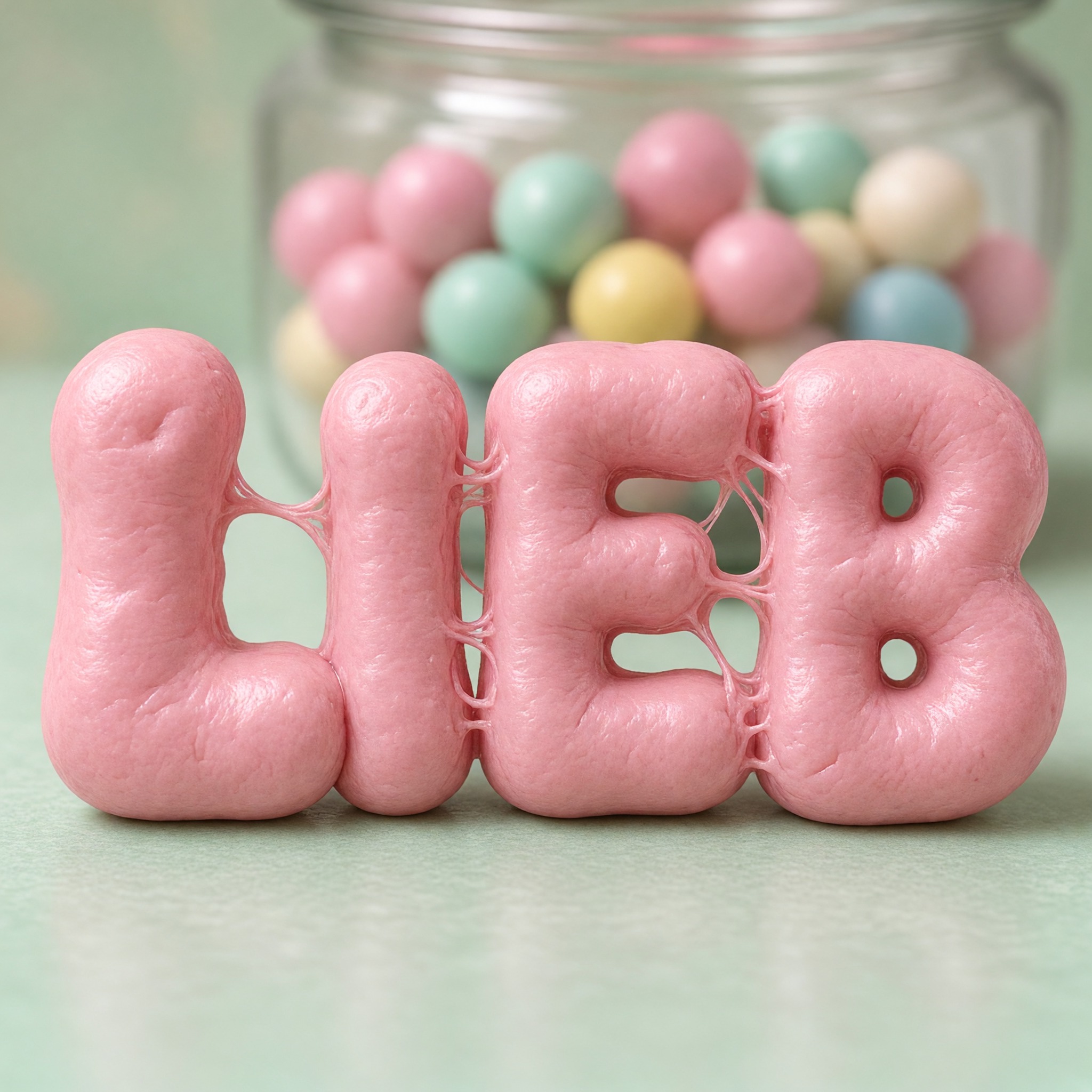 Bubblegum-Schrift KI-Schrift, erstellt mit Grok Imagine: das Wort LIEB