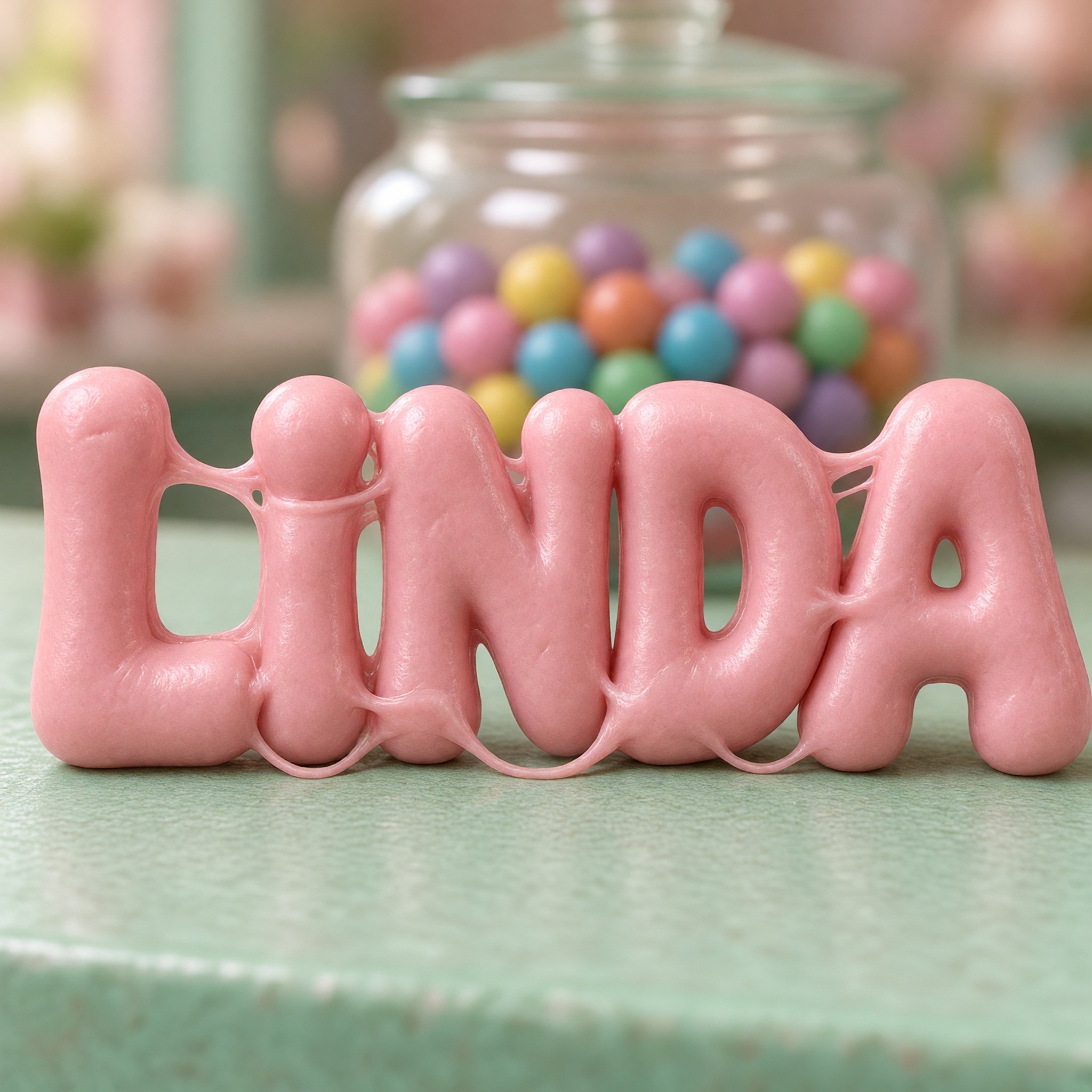 Fuente de IA Letras de chicle generada con Grok Imagine: la palabra LINDA
