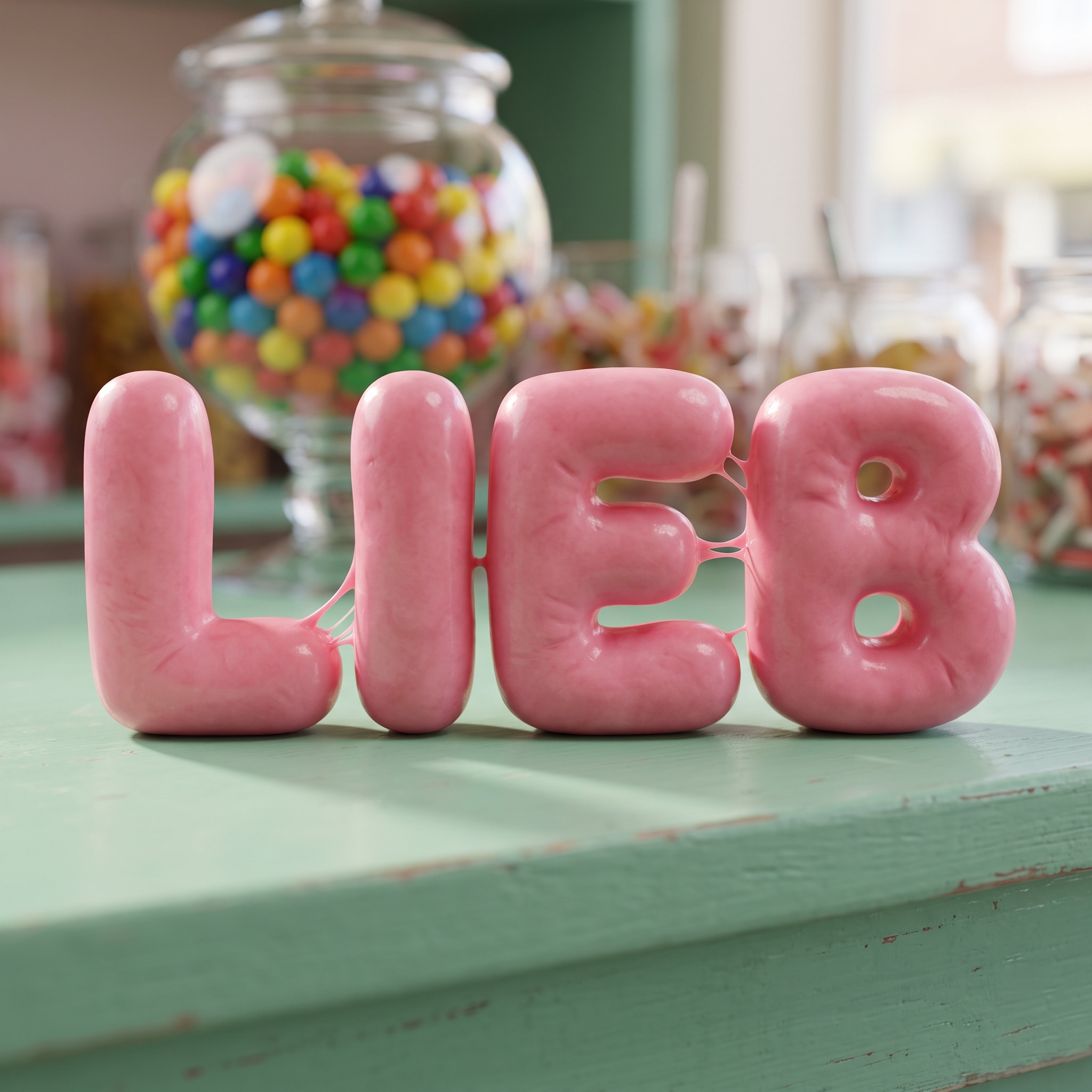 Bubblegum-Schrift KI-Schrift, erstellt mit Nano Banana: das Wort LIEB