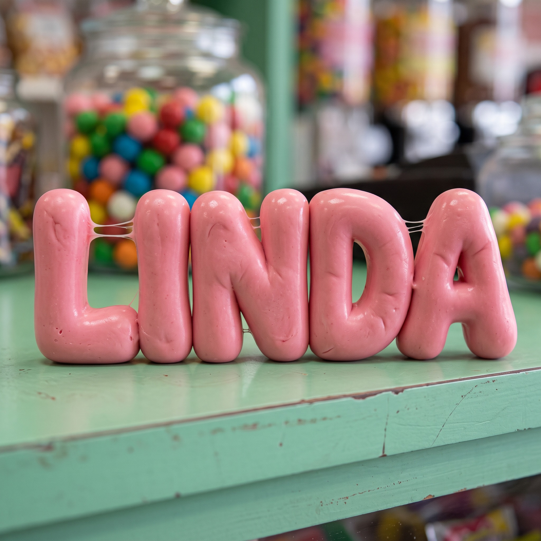 Fuente de IA Letras de chicle generada con Nano Banana: la palabra LINDA