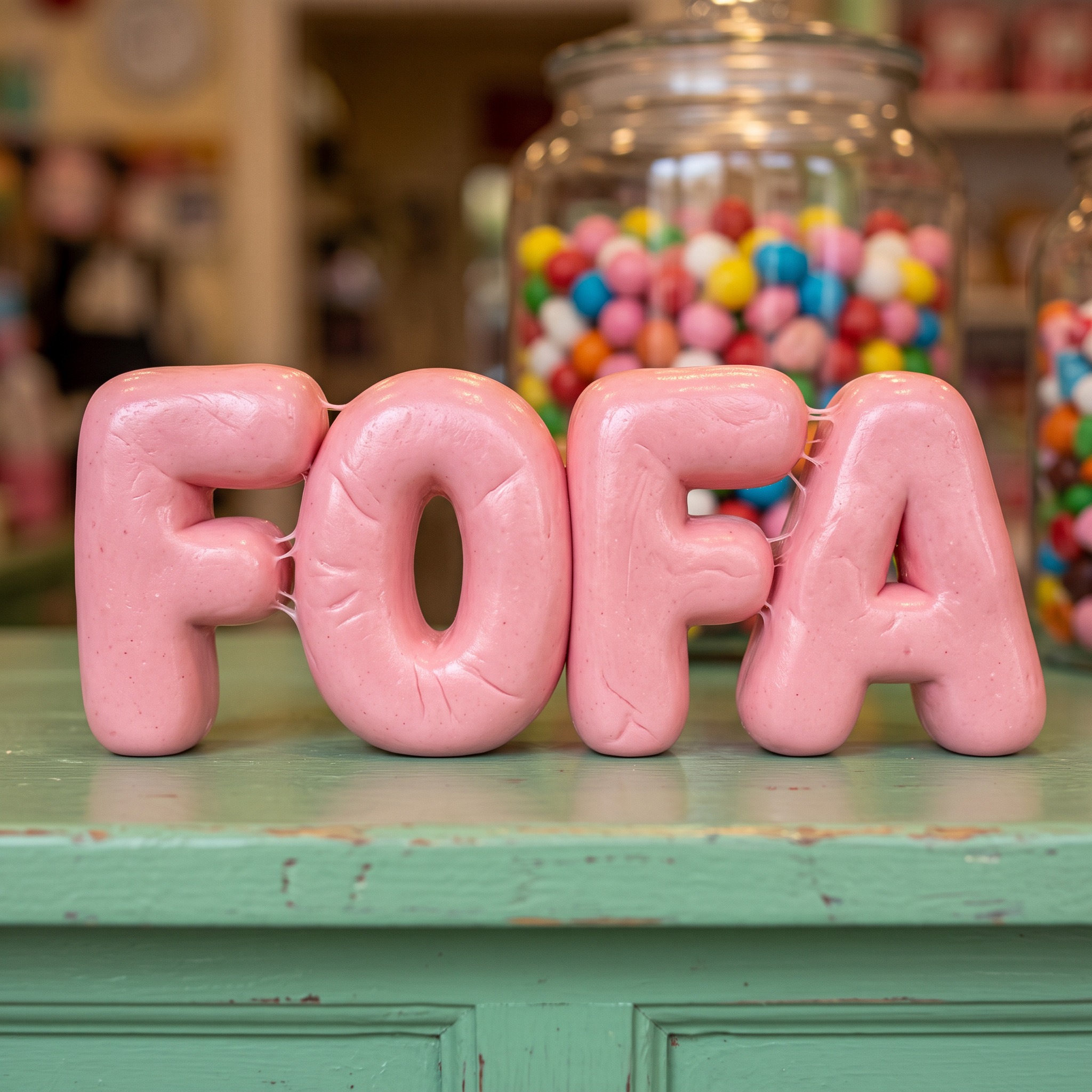 Fonte de IA Letras de chiclete gerada no Nano Banana: a palavra FOFA