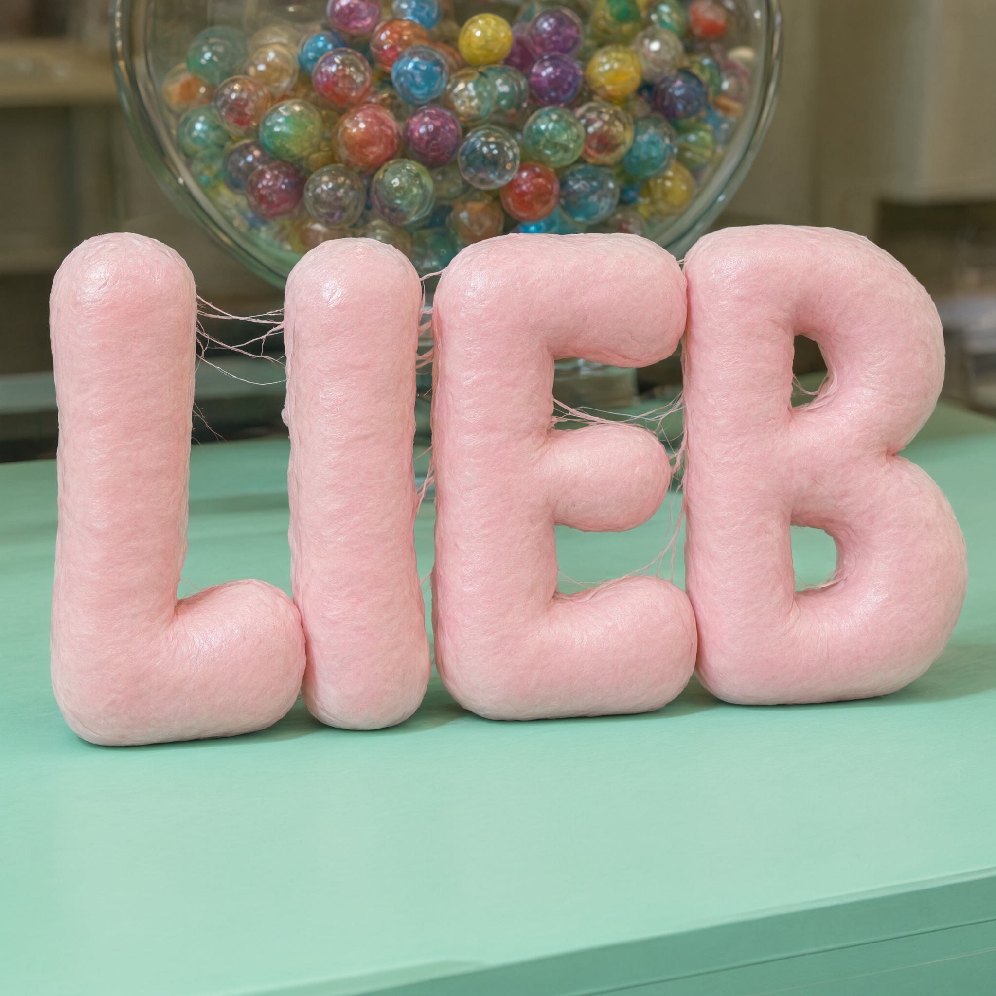 Bubblegum-Schrift KI-Schrift, erstellt mit Qwen-Image: das Wort LIEB