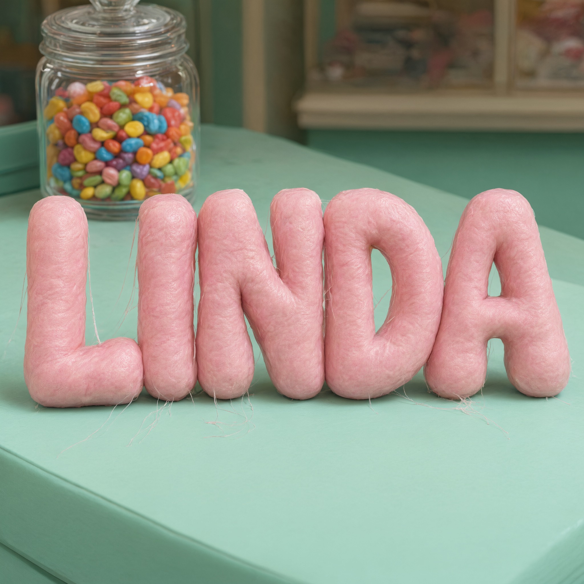 Fuente de IA Letras de chicle generada con Qwen-Image: la palabra LINDA
