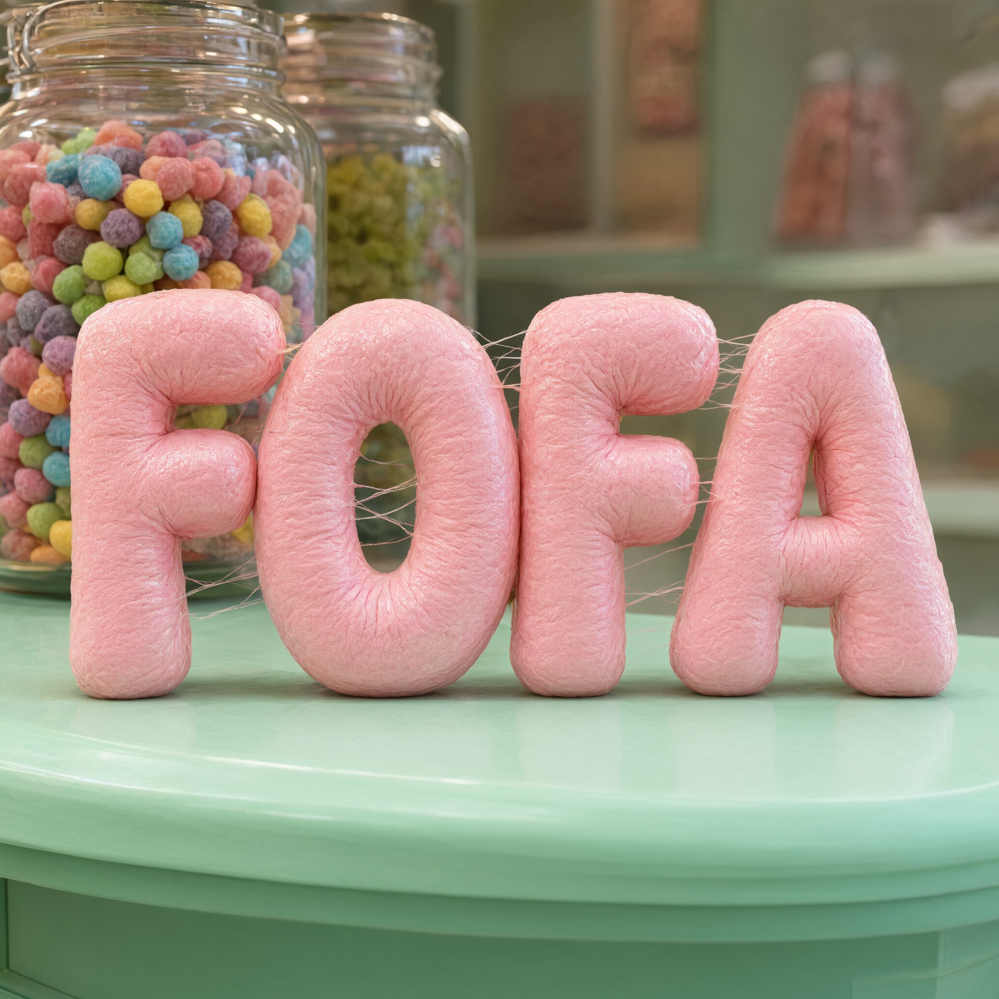 Fonte de IA Letras de chiclete gerada no Qwen-Image: a palavra FOFA