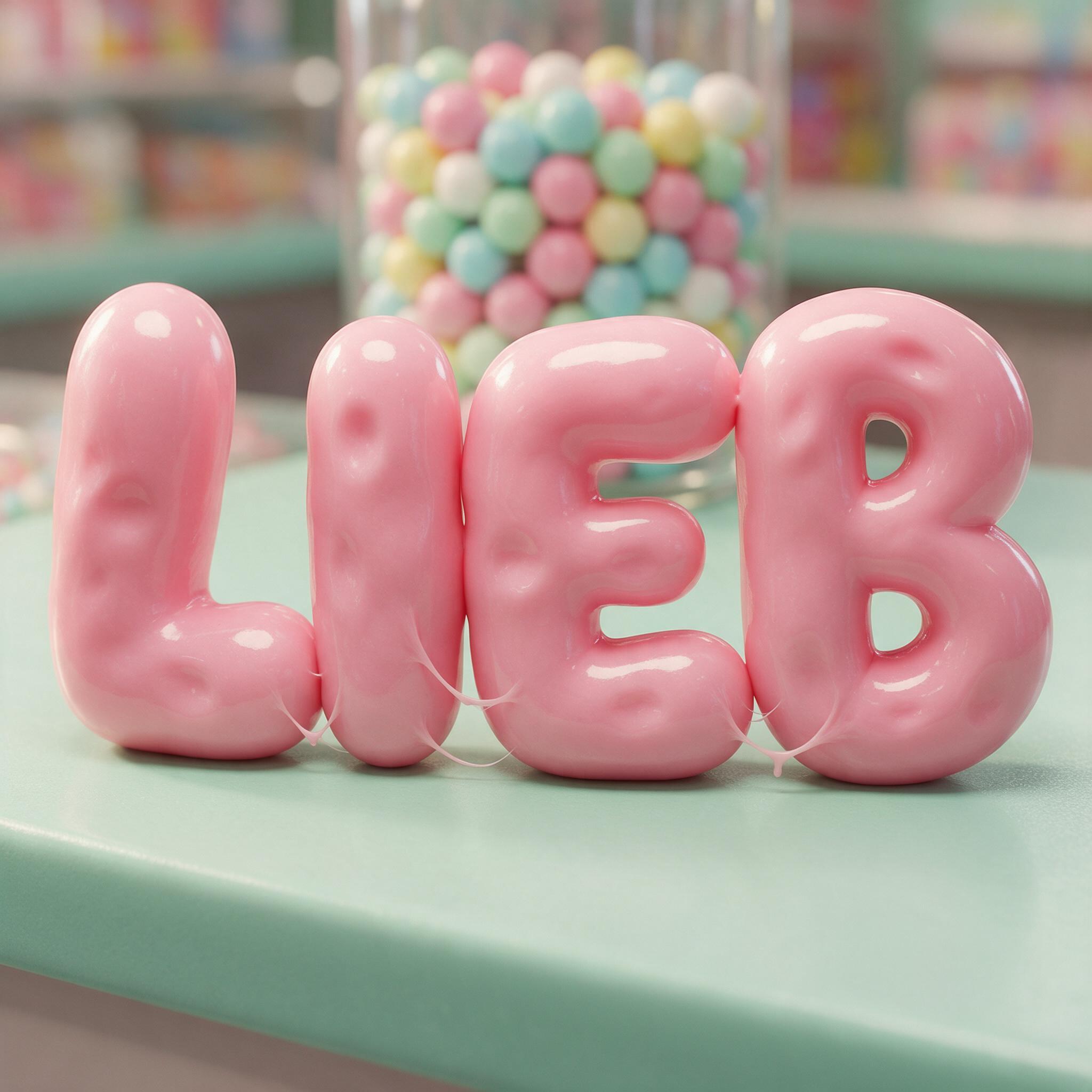 Bubblegum-Schrift KI-Schrift, erstellt mit Seedream: das Wort LIEB