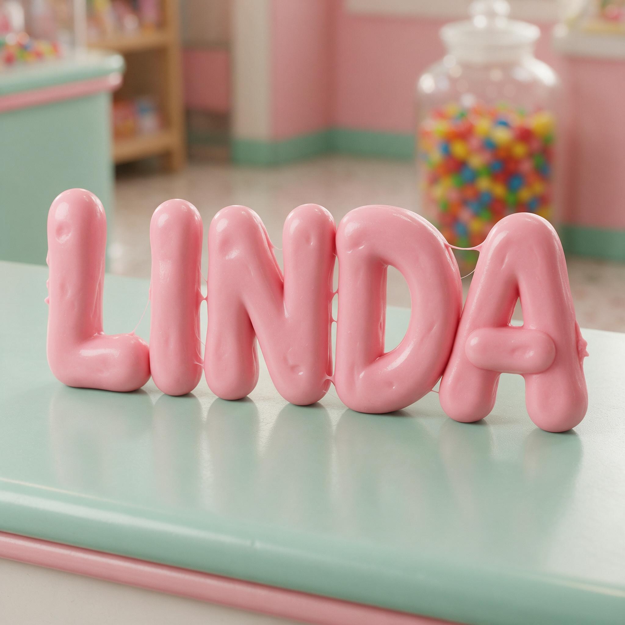 Fuente de IA Letras de chicle generada con Seedream: la palabra LINDA