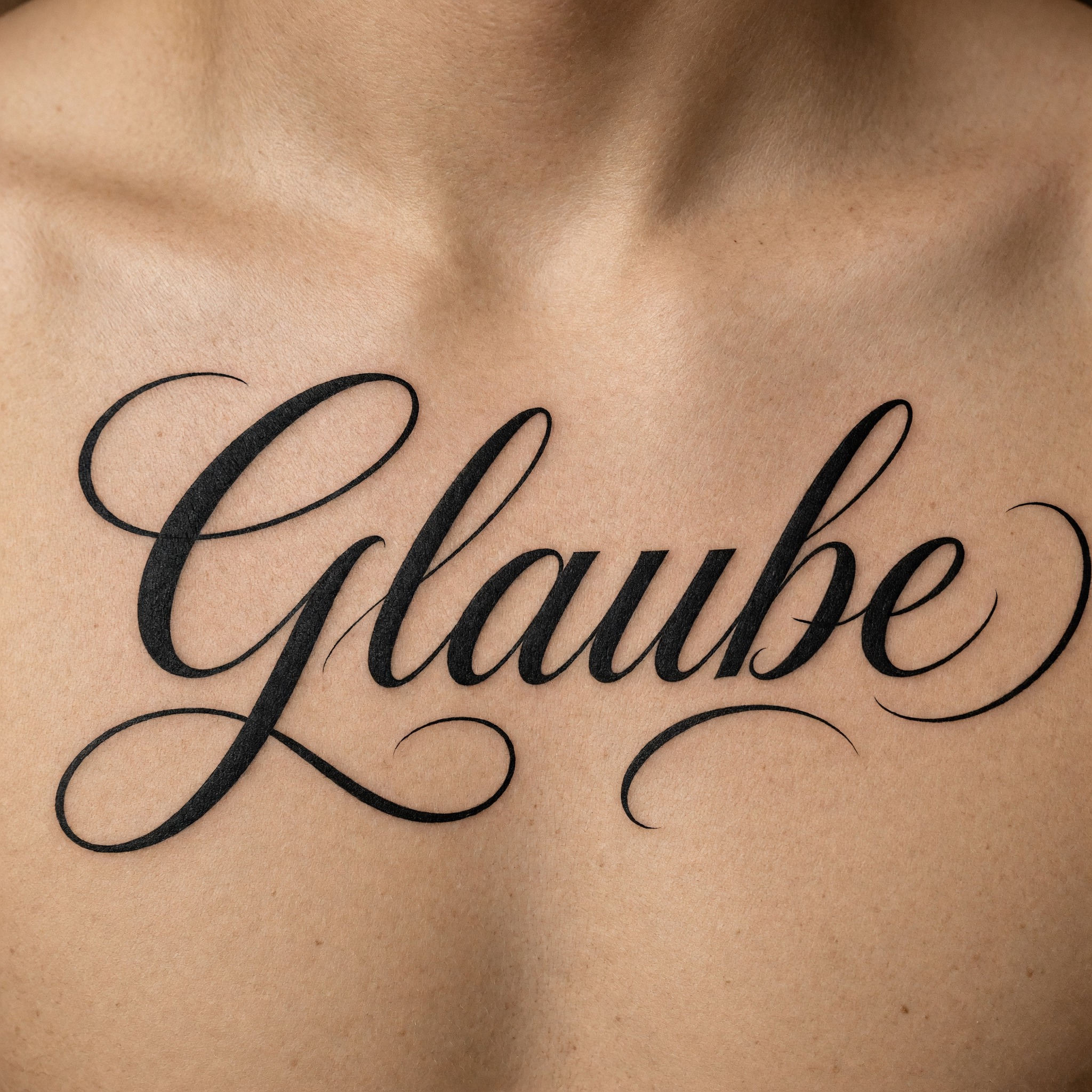 Kalligraphie-Tattoo KI-Schrift, erstellt mit Grok Imagine: das Wort Glaube