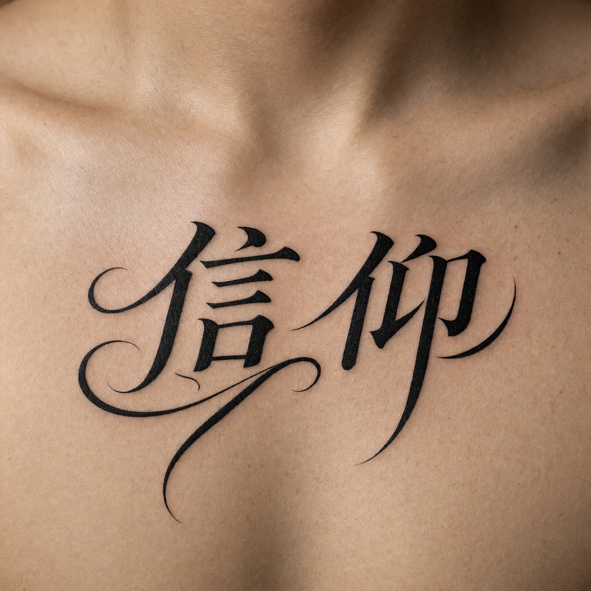 书法纹身字 AI 字体在 Grok Imagine 上的生成结果：文字 信仰