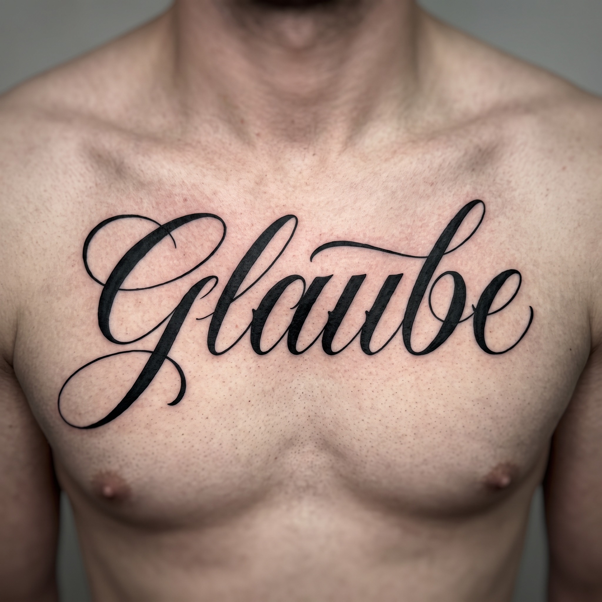 Kalligraphie-Tattoo KI-Schrift, erstellt mit Nano Banana: das Wort Glaube