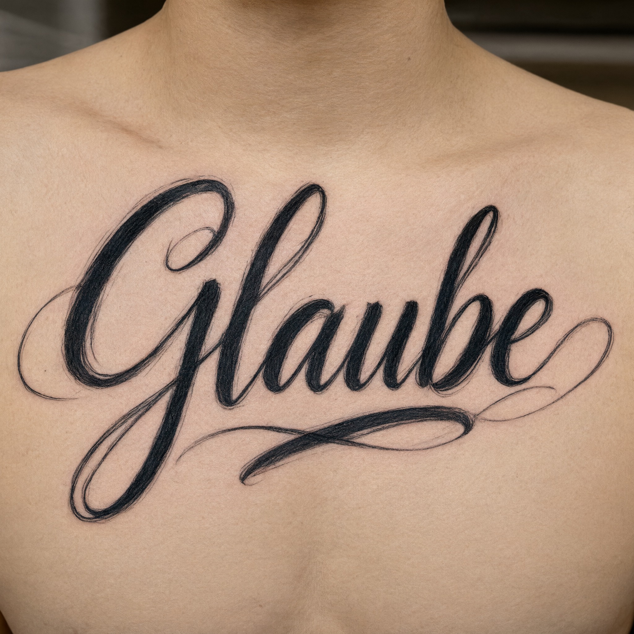 Kalligraphie-Tattoo KI-Schrift, erstellt mit Qwen-Image: das Wort Glaube