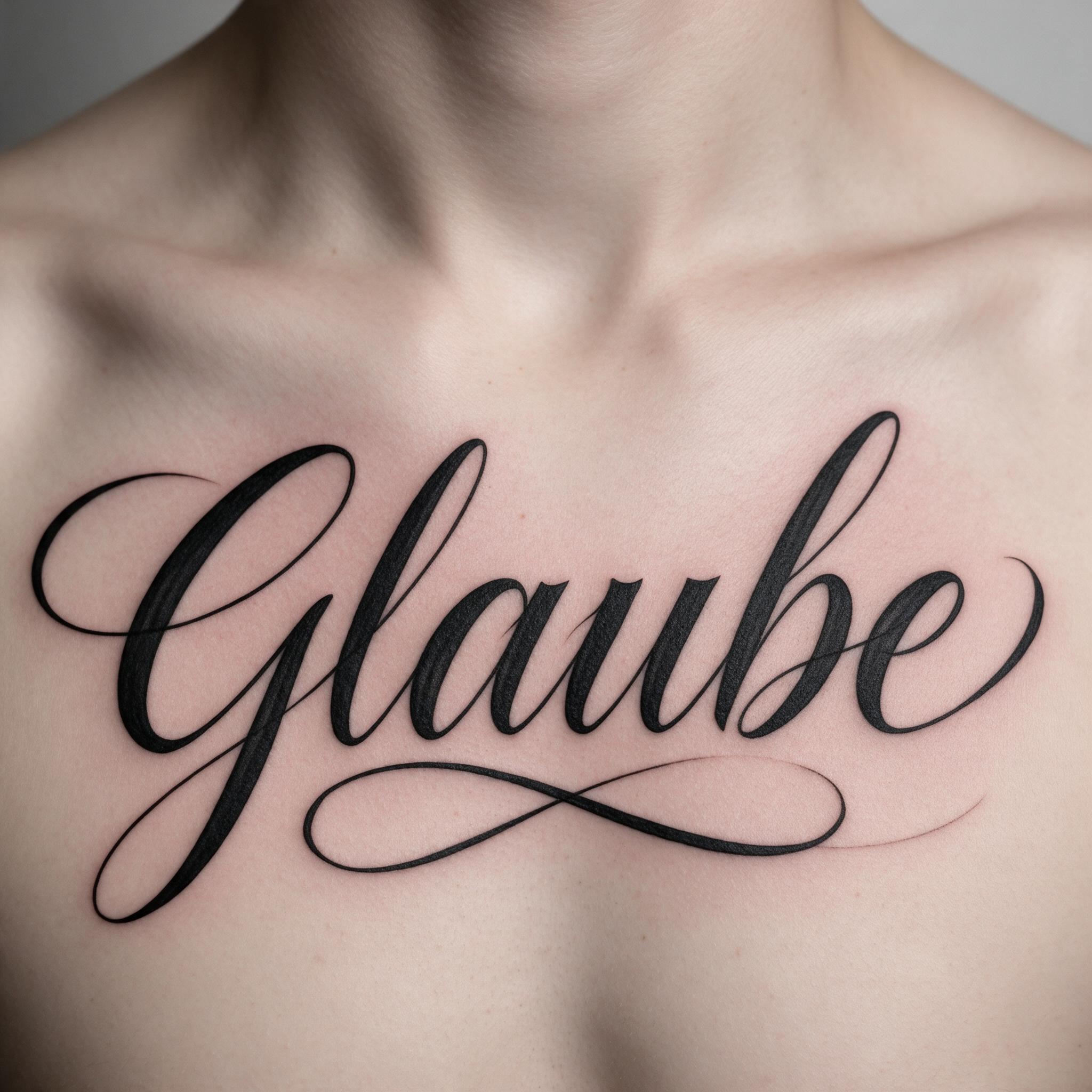 Kalligraphie-Tattoo KI-Schrift, erstellt mit Seedream: das Wort Glaube
