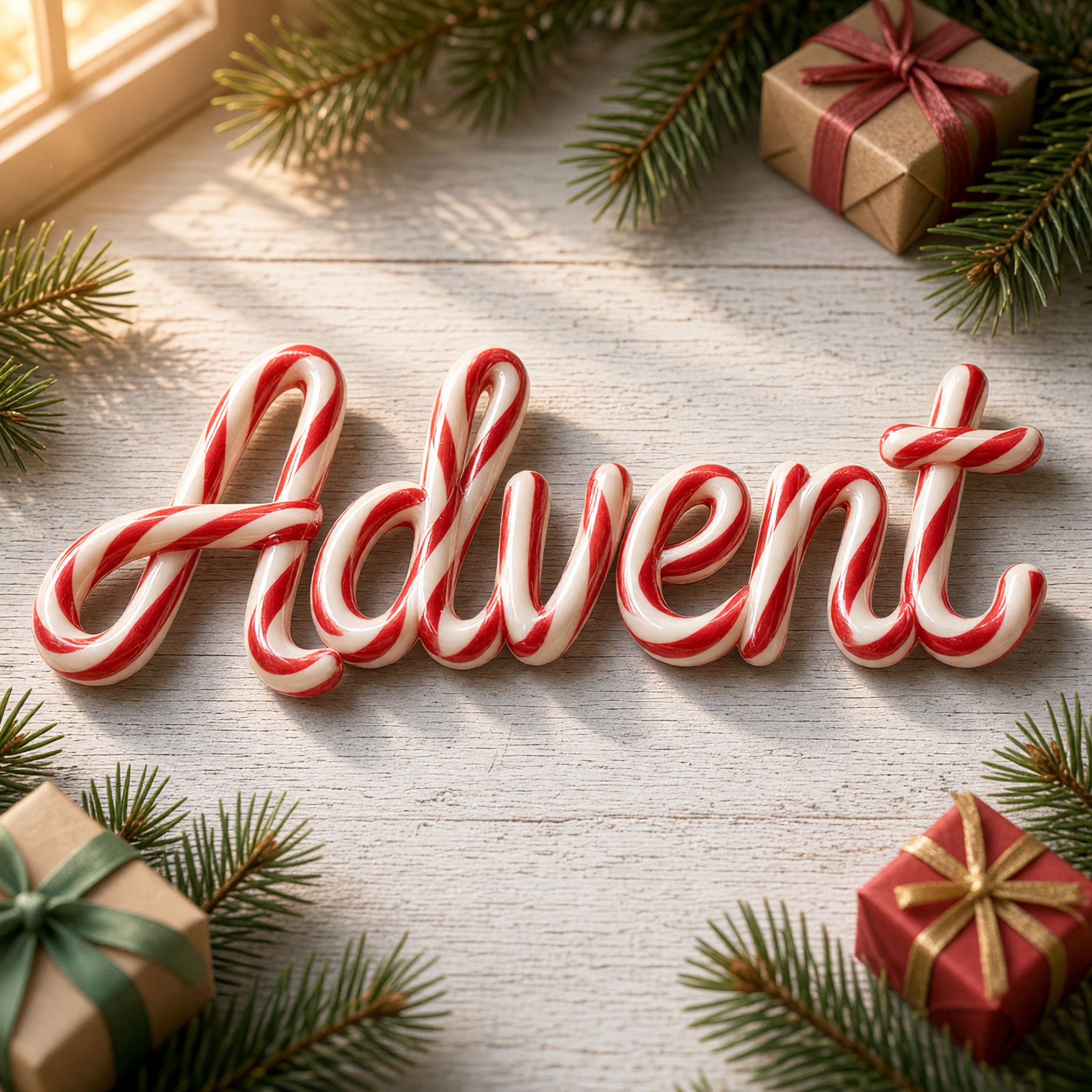 Zuckerstangen-Schrift KI-Schrift, erstellt mit Grok Imagine: das Wort Advent