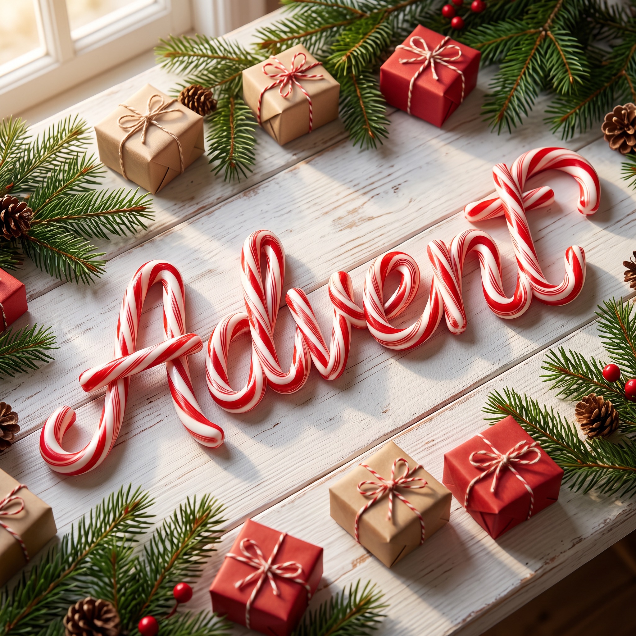 Zuckerstangen-Schrift KI-Schrift, erstellt mit Nano Banana: das Wort Advent