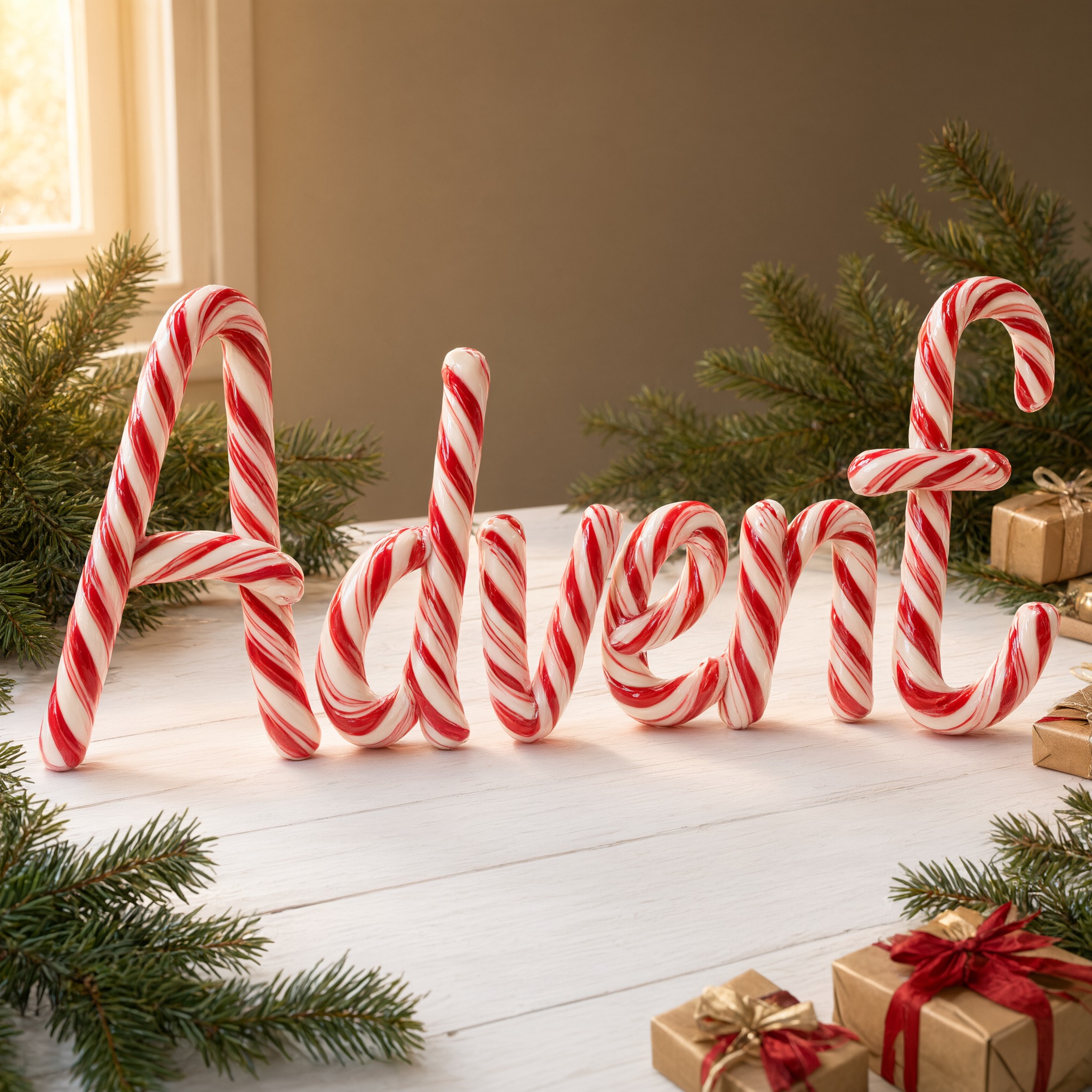 Zuckerstangen-Schrift KI-Schrift, erstellt mit Qwen-Image: das Wort Advent
