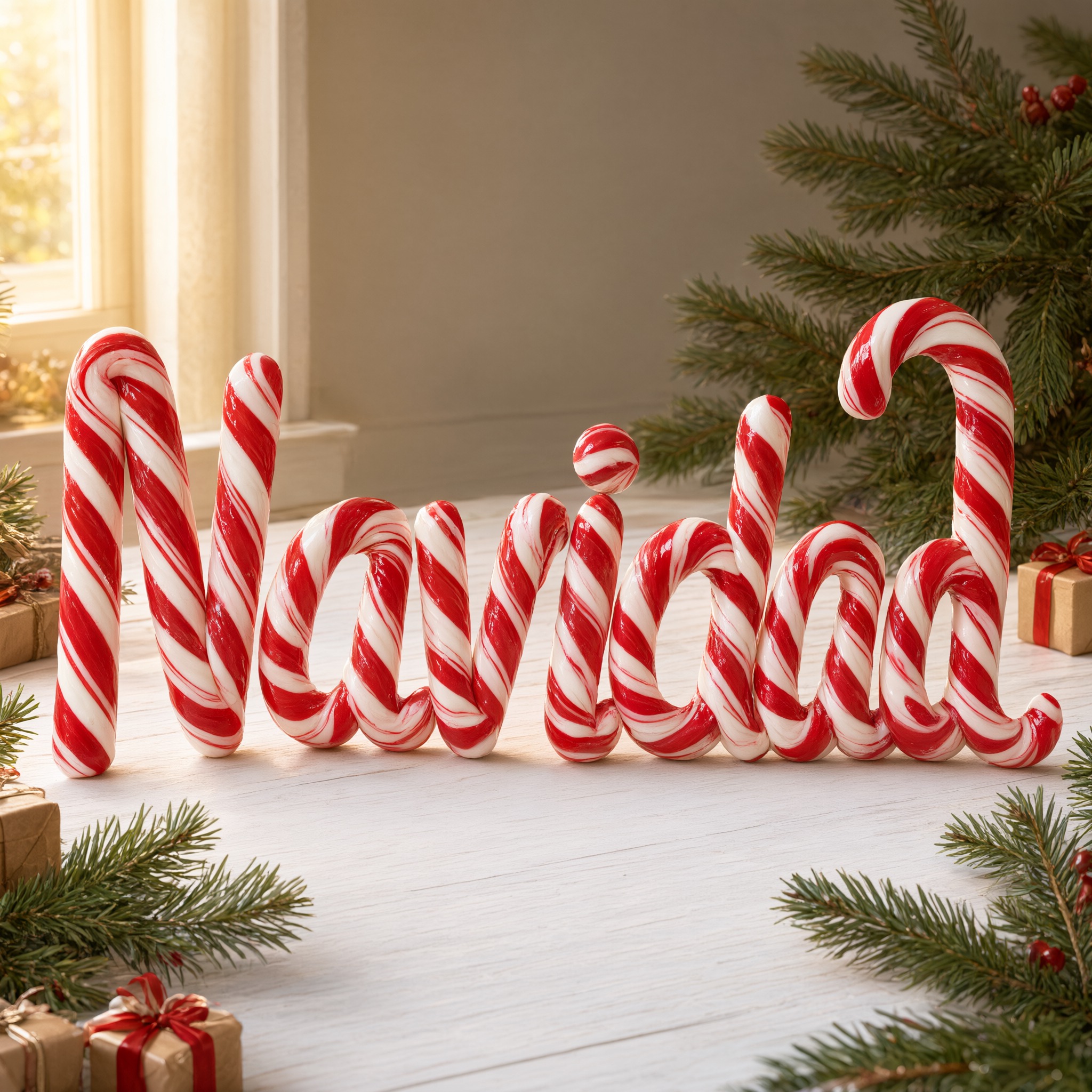 Fuente de IA Letras de bastón de caramelo generada con Qwen-Image: la palabra Navidad