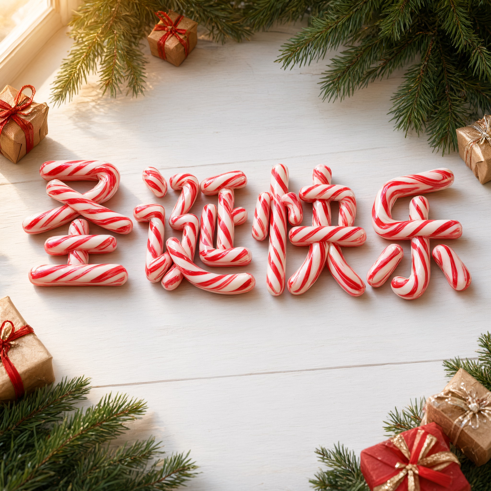 拐杖糖字体 AI 字体在 Qwen-Image 上的生成结果：文字 圣诞快乐