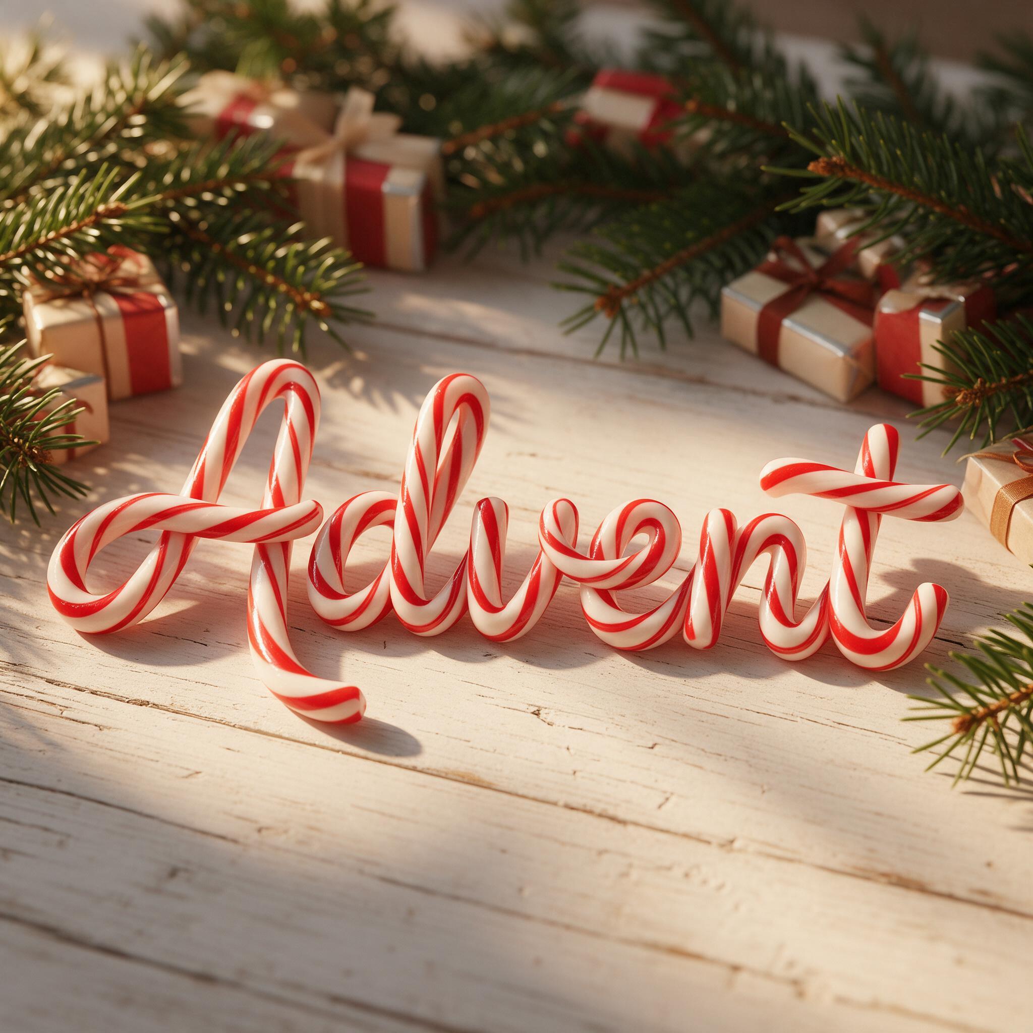 Zuckerstangen-Schrift KI-Schrift, erstellt mit Seedream: das Wort Advent