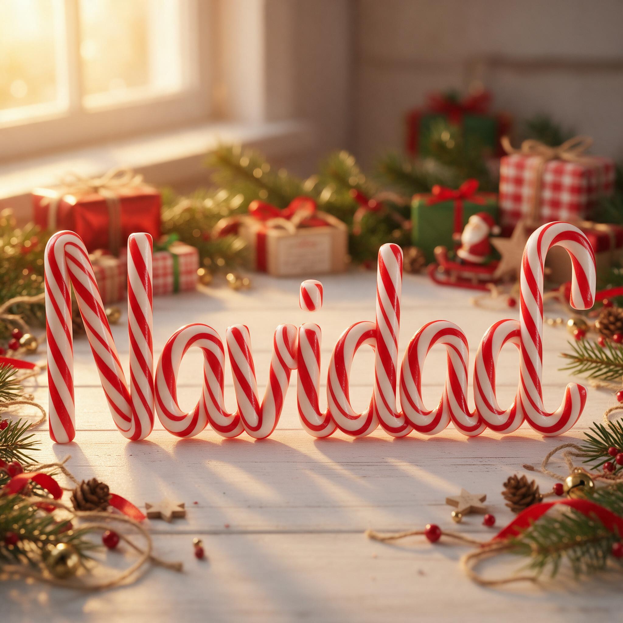 Fuente de IA Letras de bastón de caramelo generada con Seedream: la palabra Navidad