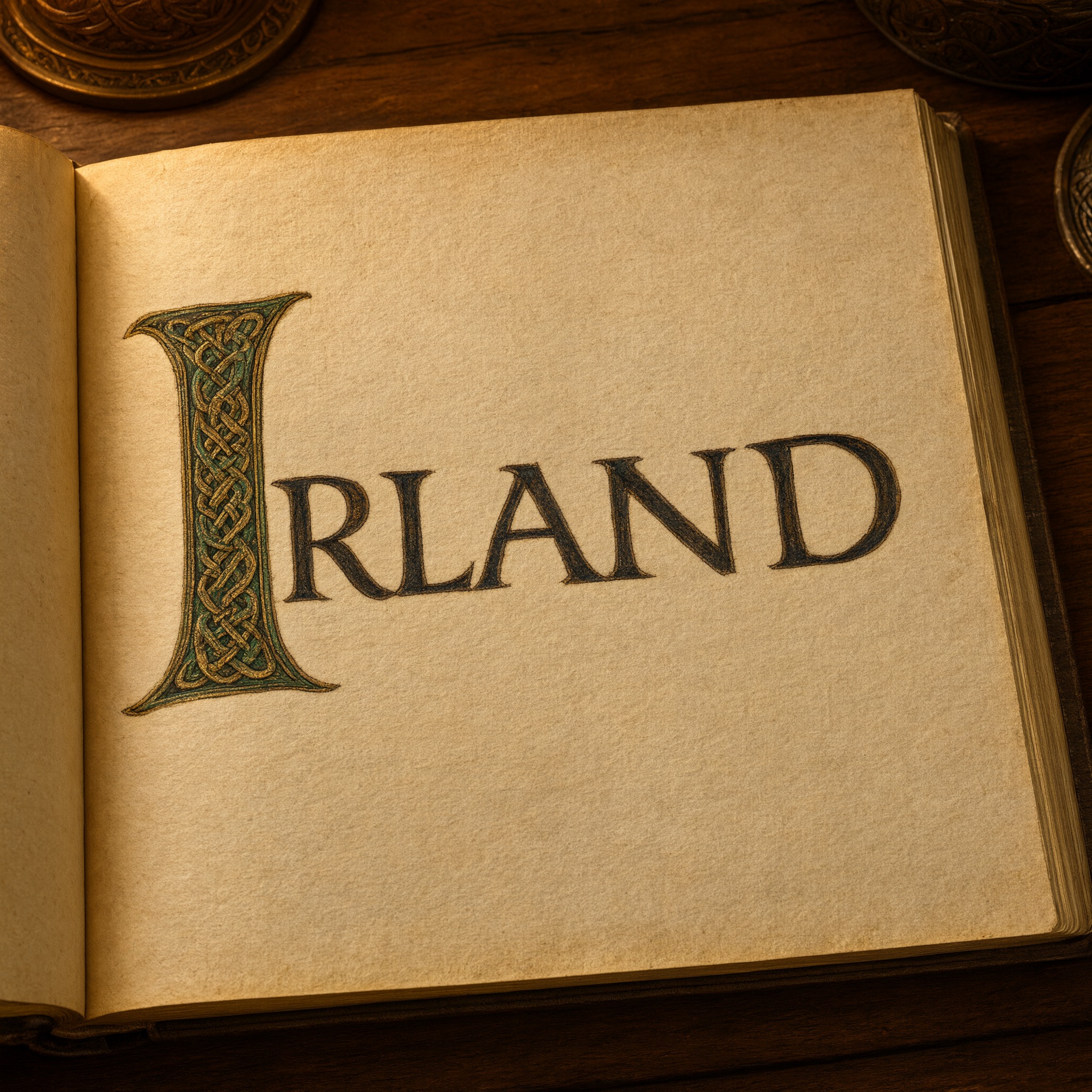 Keltische Schrift KI-Schrift, erstellt mit Qwen-Image: das Wort Irland
