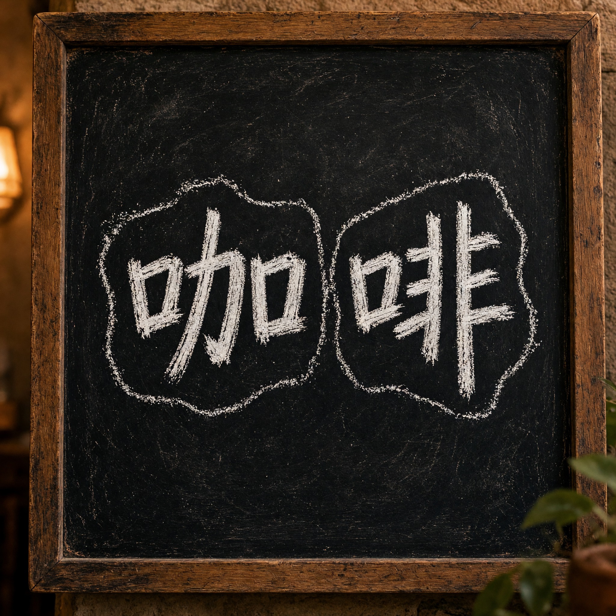 粉笔字 AI 字体在 Grok Imagine 上的生成结果：文字 咖啡
