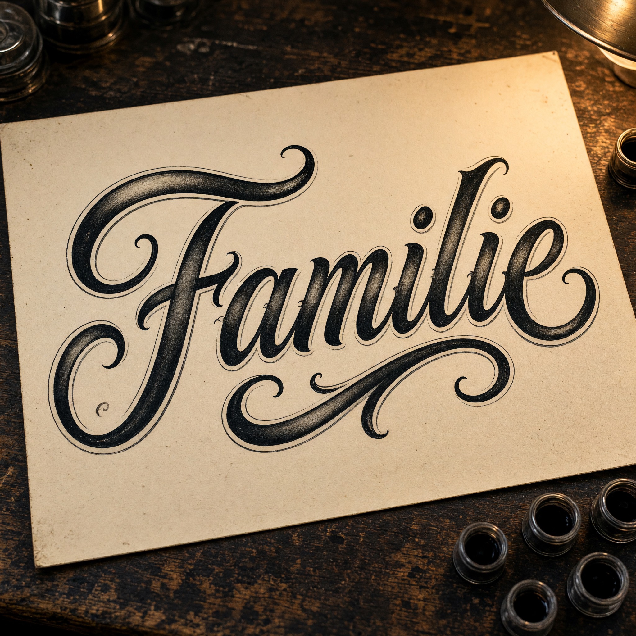 Chicano-Schreibschrift KI-Schrift, erstellt mit Grok Imagine: das Wort Familie