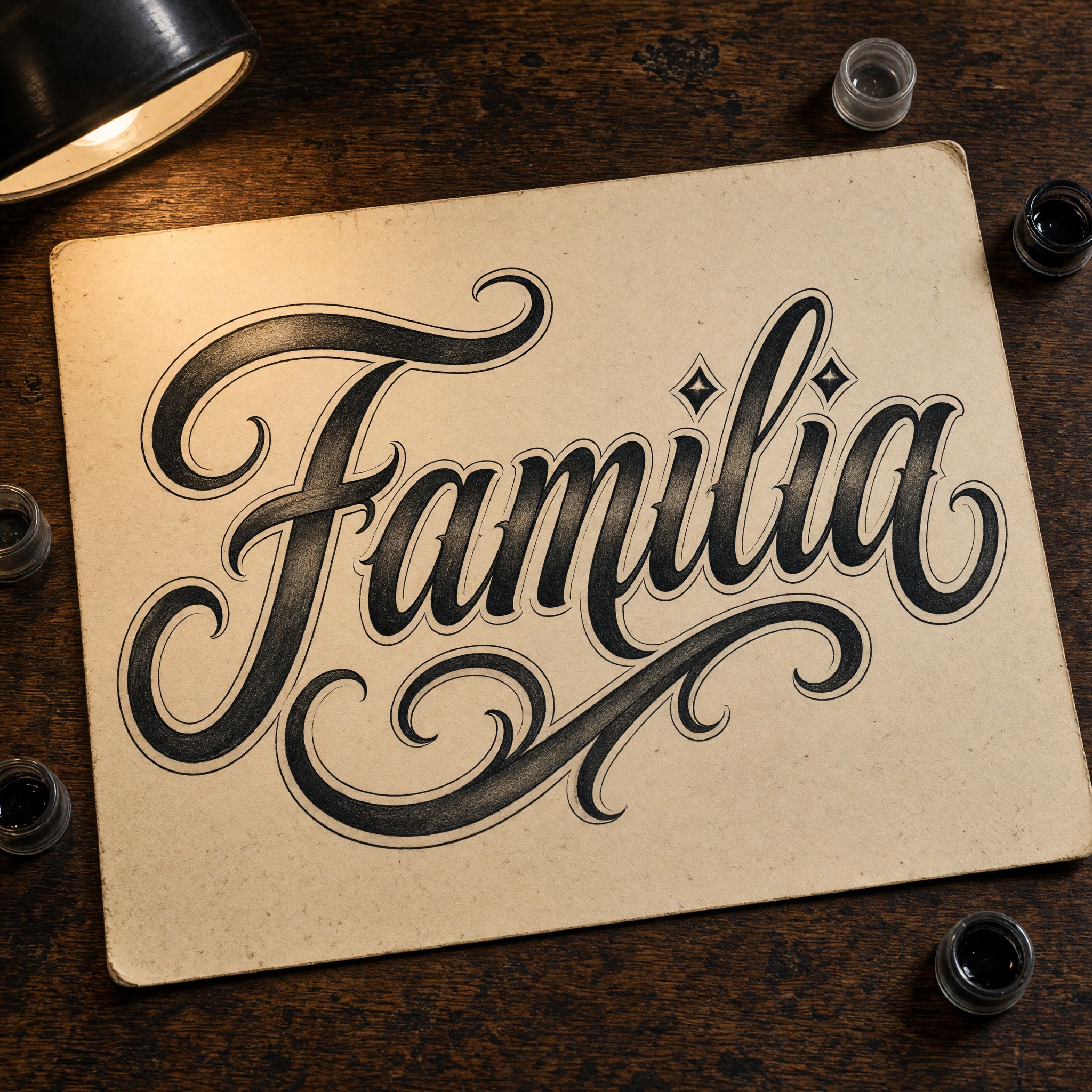 Fuente de IA Letras chicanas cursivas generada con Grok Imagine: la palabra Familia