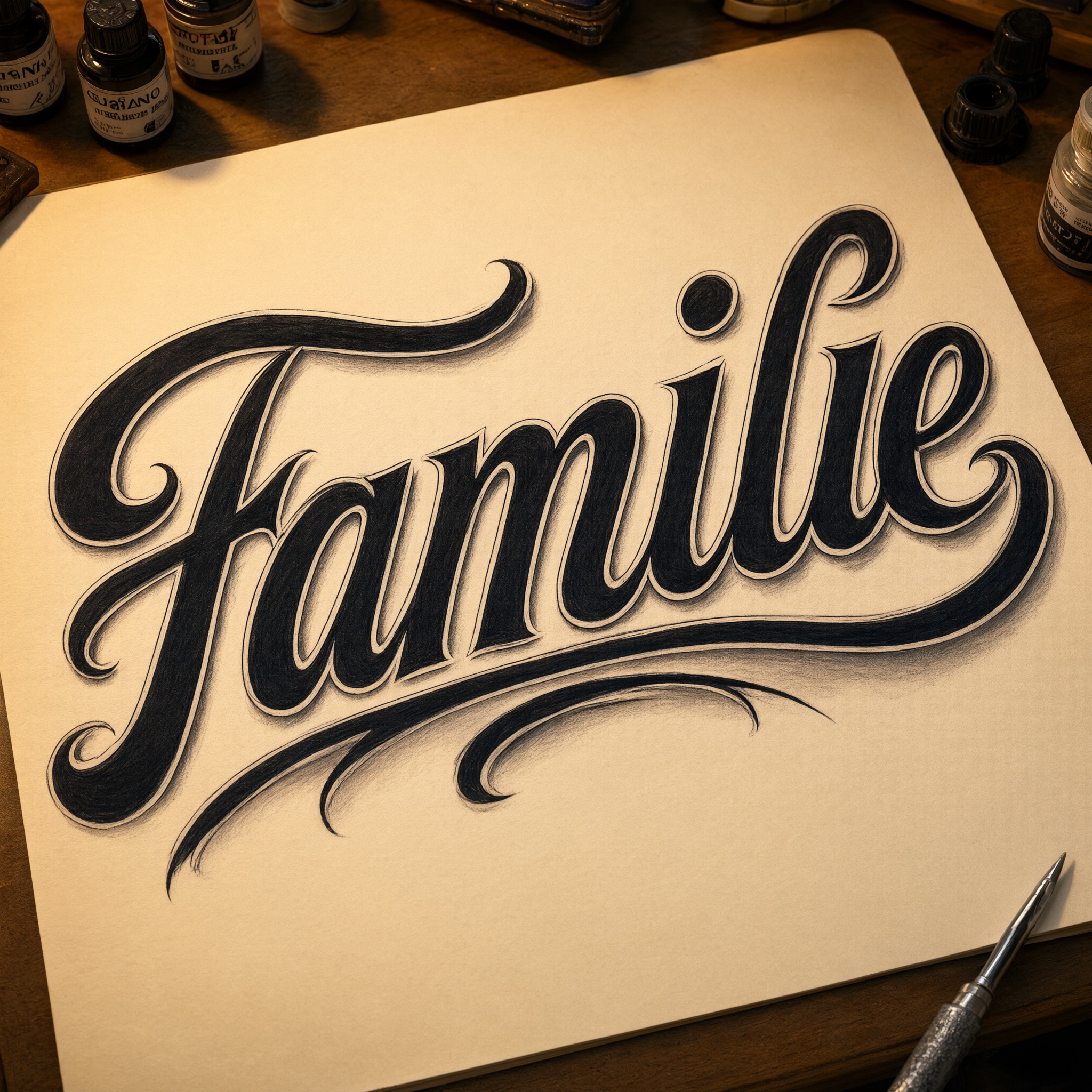 Chicano-Schreibschrift KI-Schrift, erstellt mit Qwen-Image: das Wort Familie