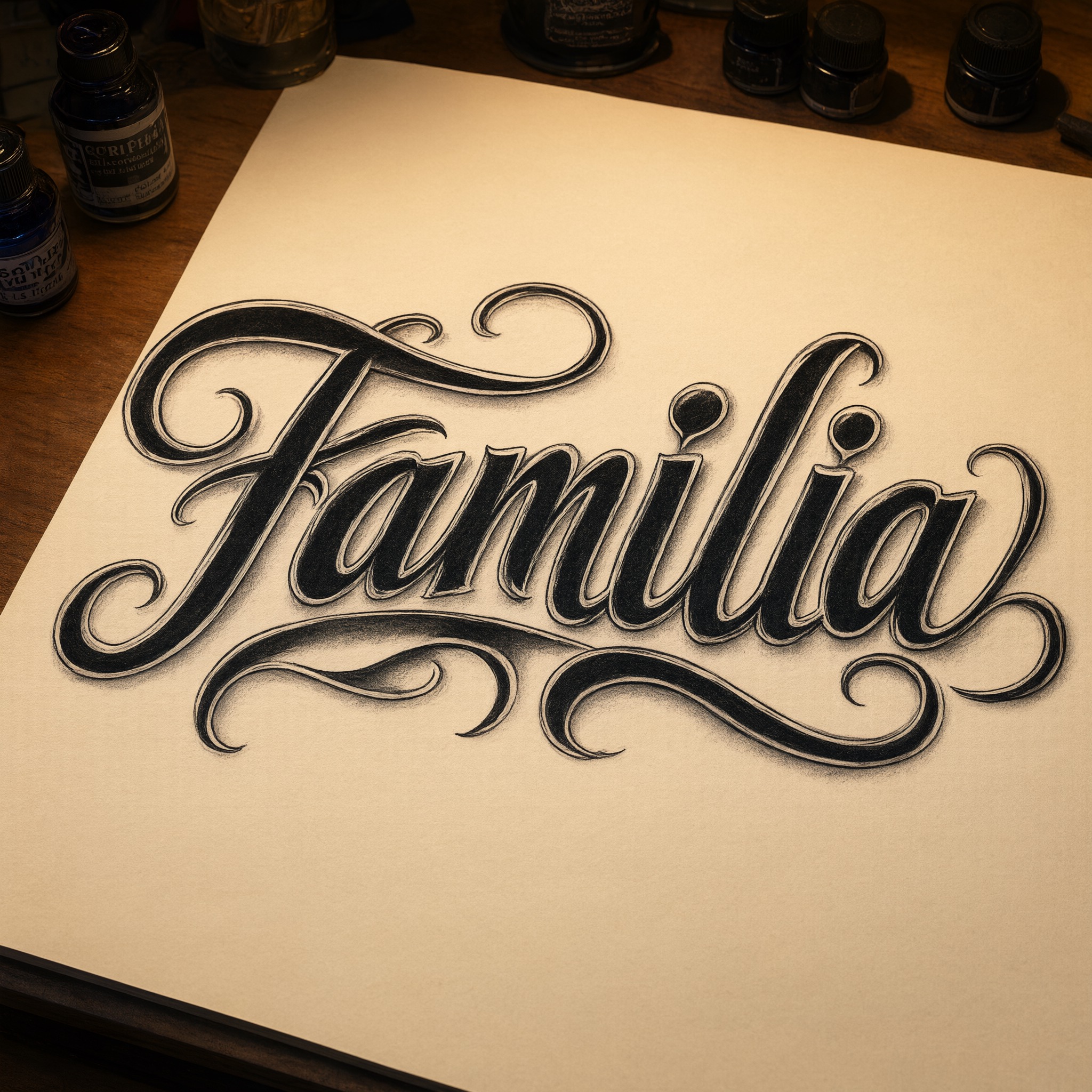 Fuente de IA Letras chicanas cursivas generada con Qwen-Image: la palabra Familia