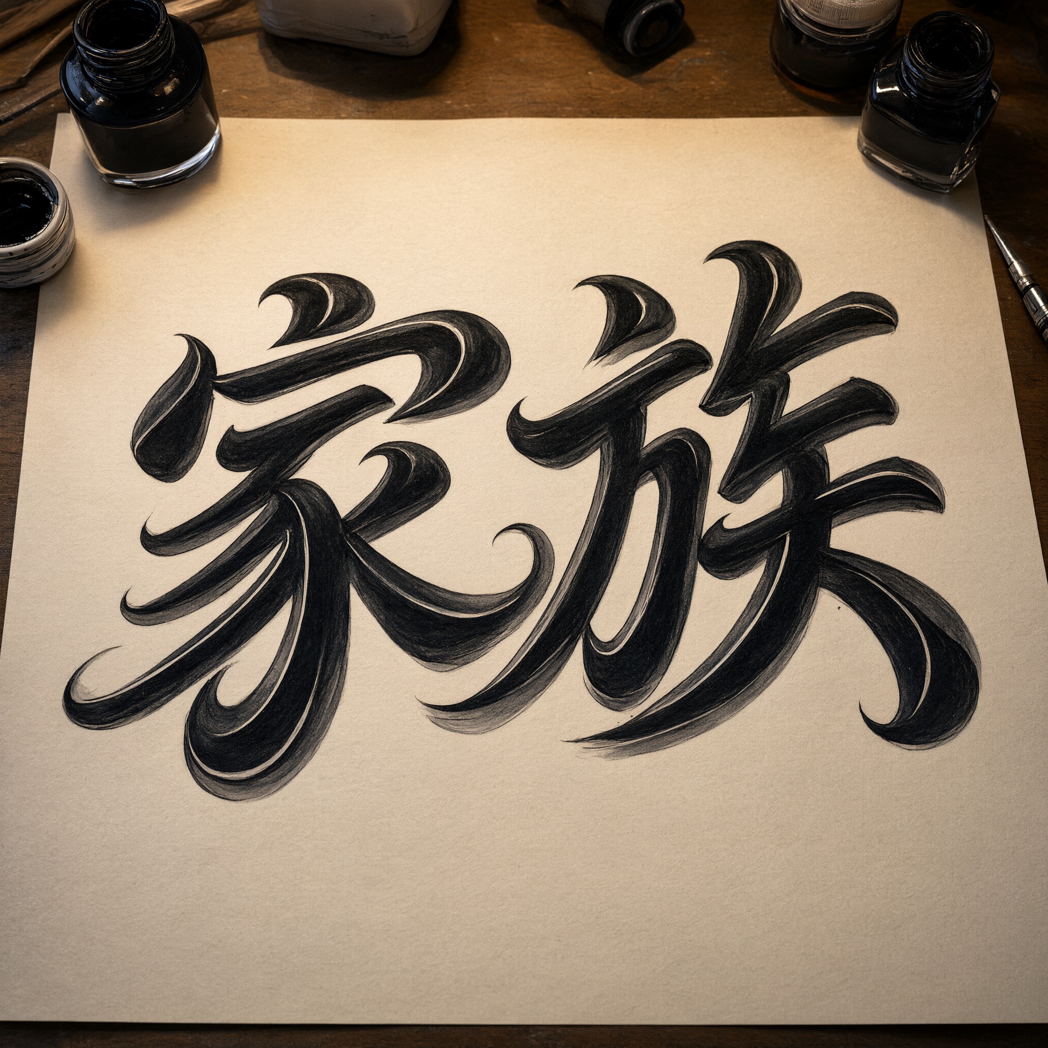 奇卡诺花体字 AI 字体在 Qwen-Image 上的生成结果:文字 家族