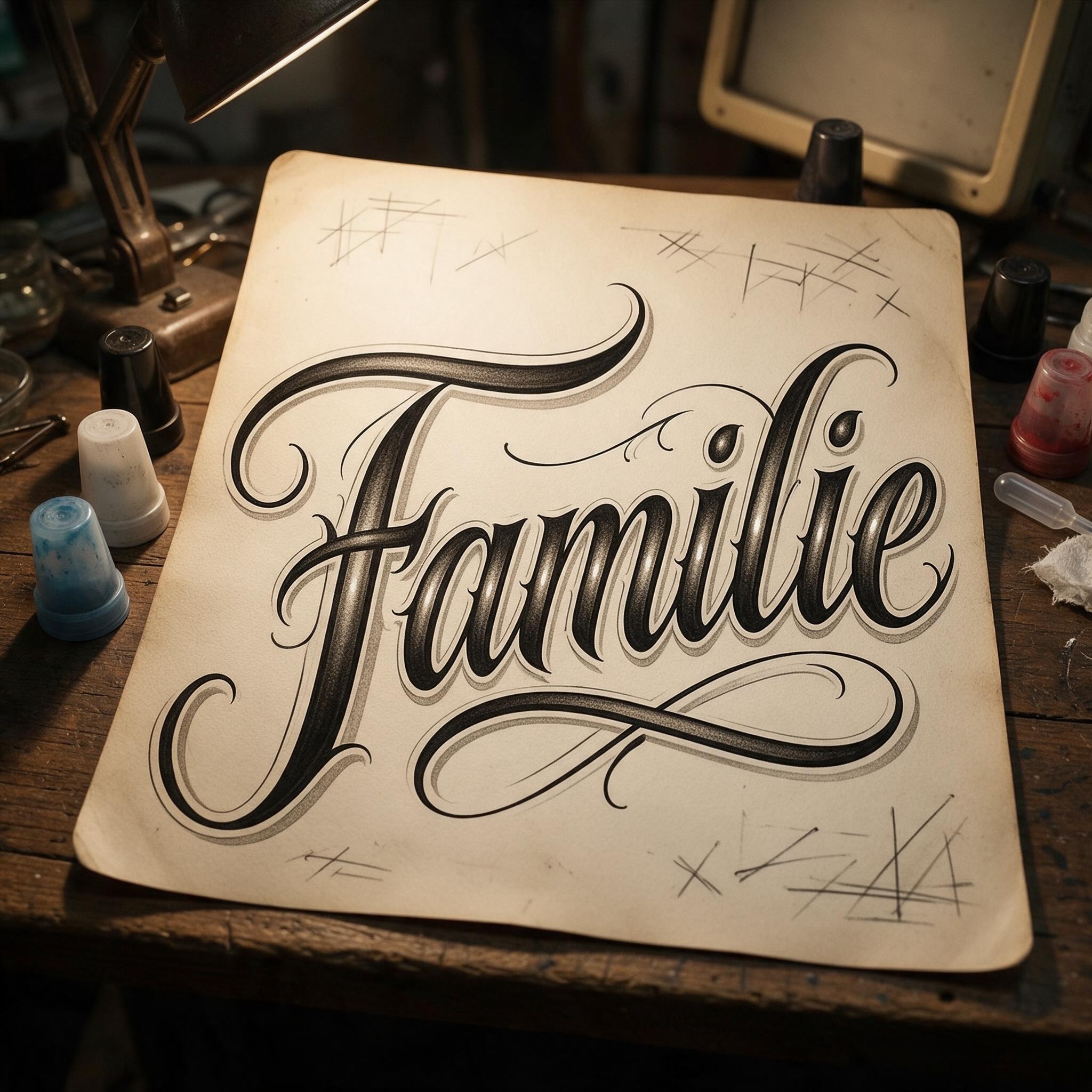 Chicano-Schreibschrift KI-Schrift, erstellt mit Seedream: das Wort Familie
