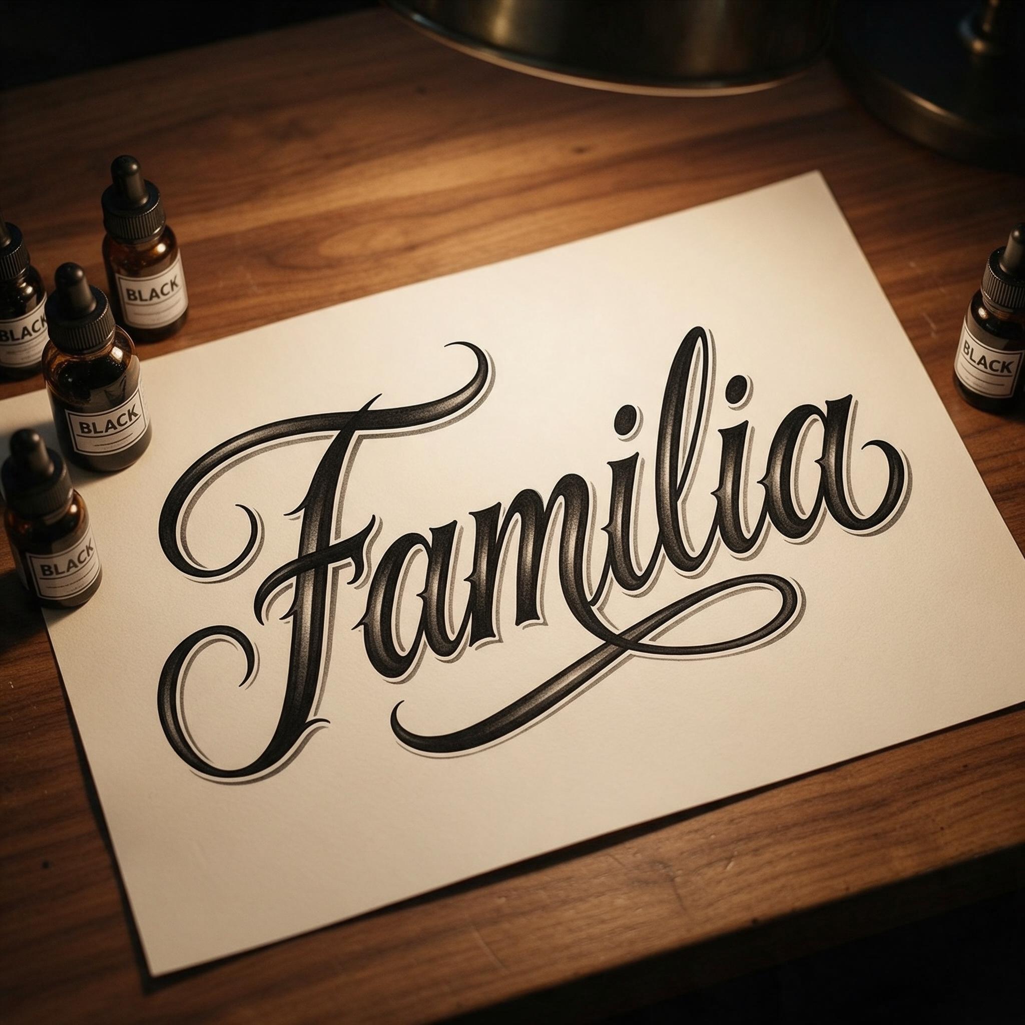 Fuente de IA Letras chicanas cursivas generada con Seedream: la palabra Familia