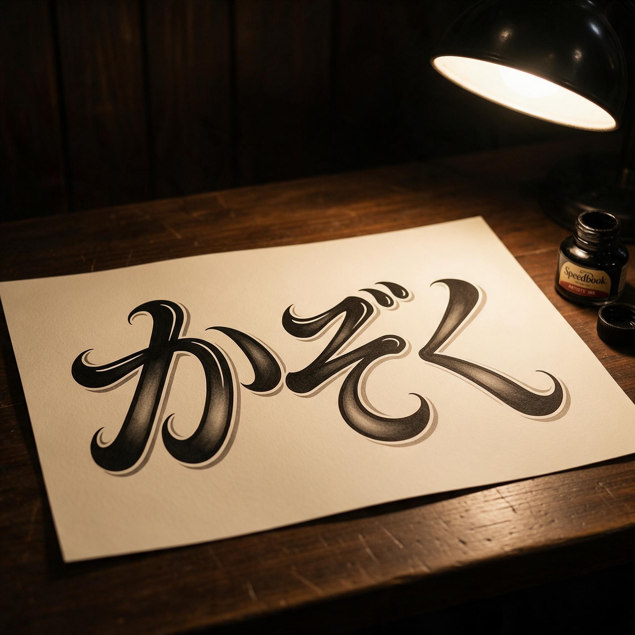Seedream で生成した チカーノ筆記体 AIフォント：文字「かぞく」