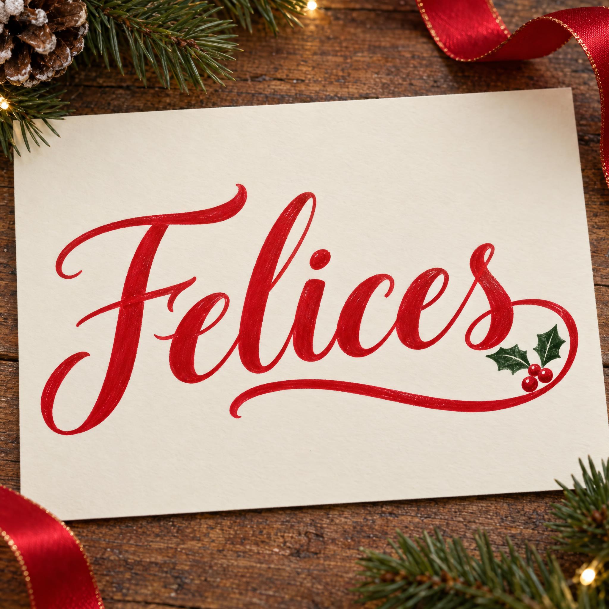 Fuente de IA Letra cursiva navideña generada con GPT Image: la palabra Felices