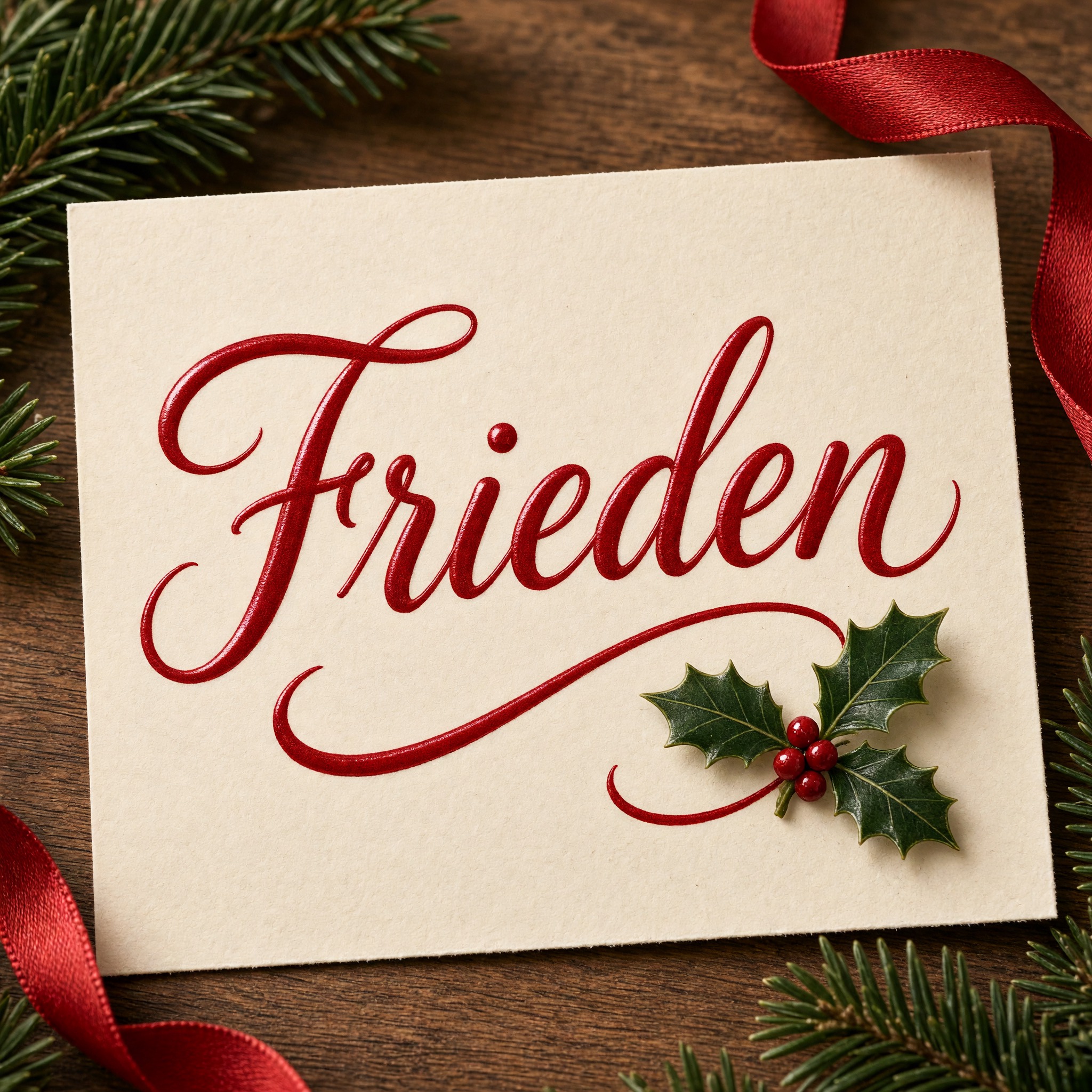 Weihnachtliche Schreibschrift KI-Schrift, erstellt mit Grok Imagine: das Wort Frieden