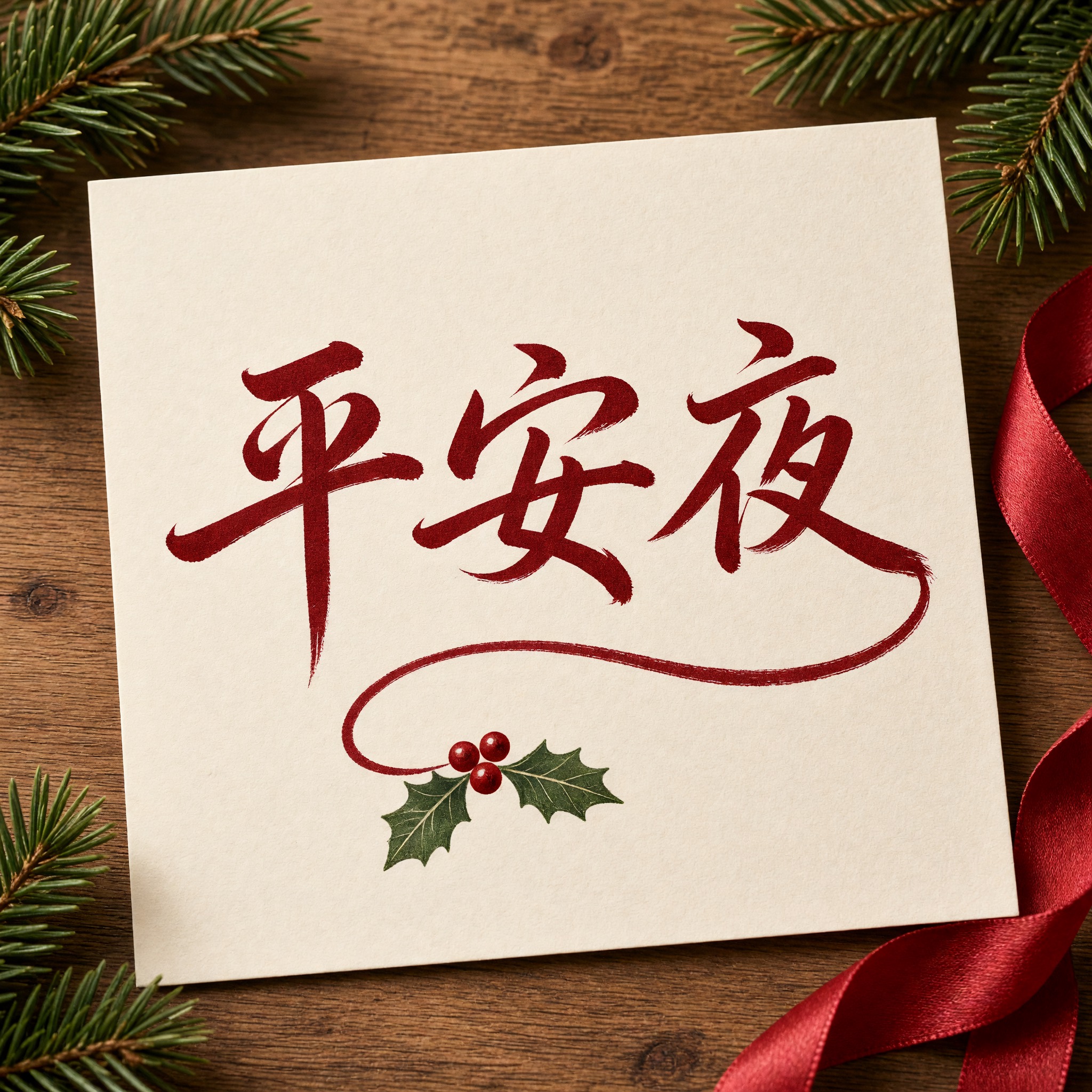 圣诞花体字 AI 字体在 Grok Imagine 上的生成结果：文字 平安夜