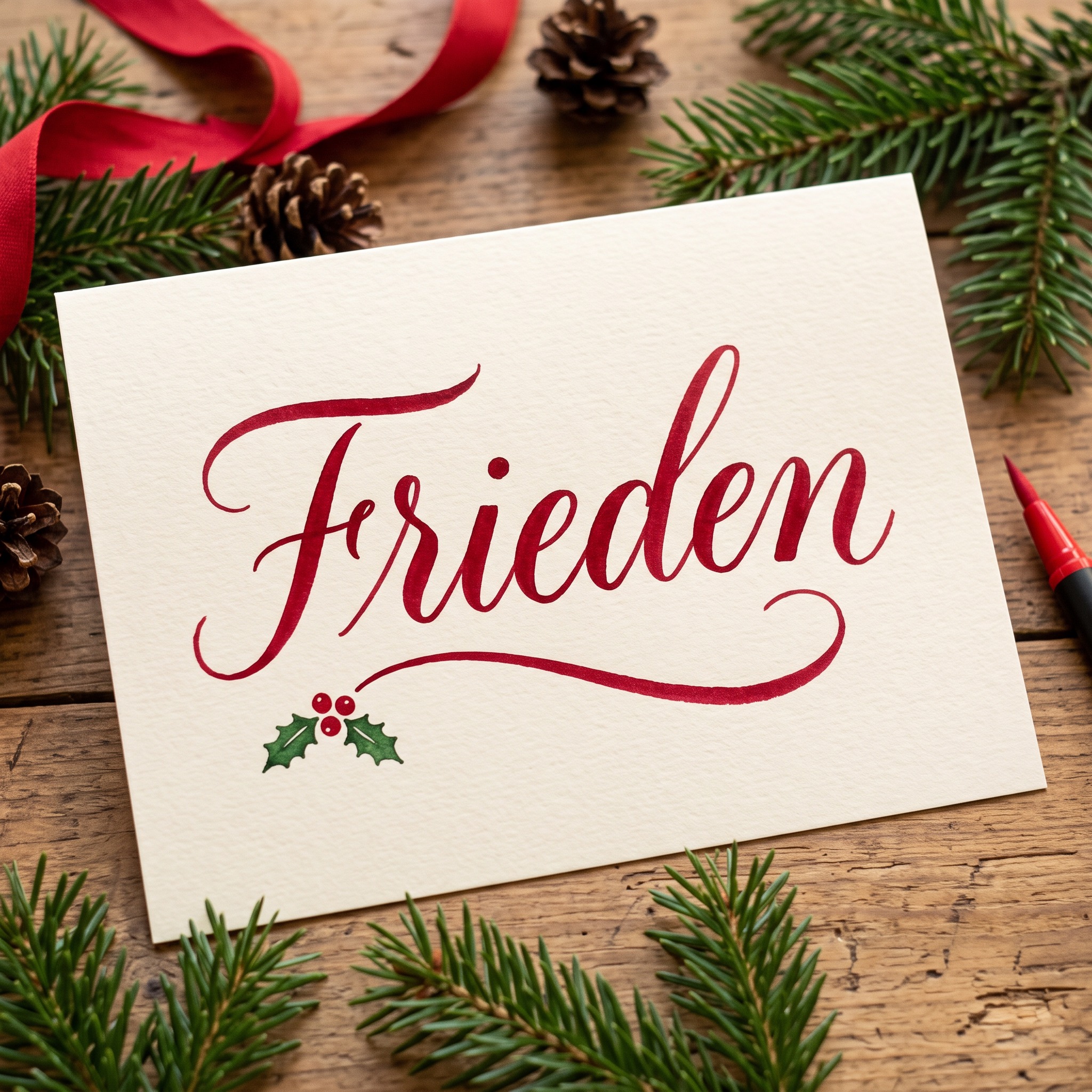 Weihnachtliche Schreibschrift KI-Schrift, erstellt mit Nano Banana: das Wort Frieden