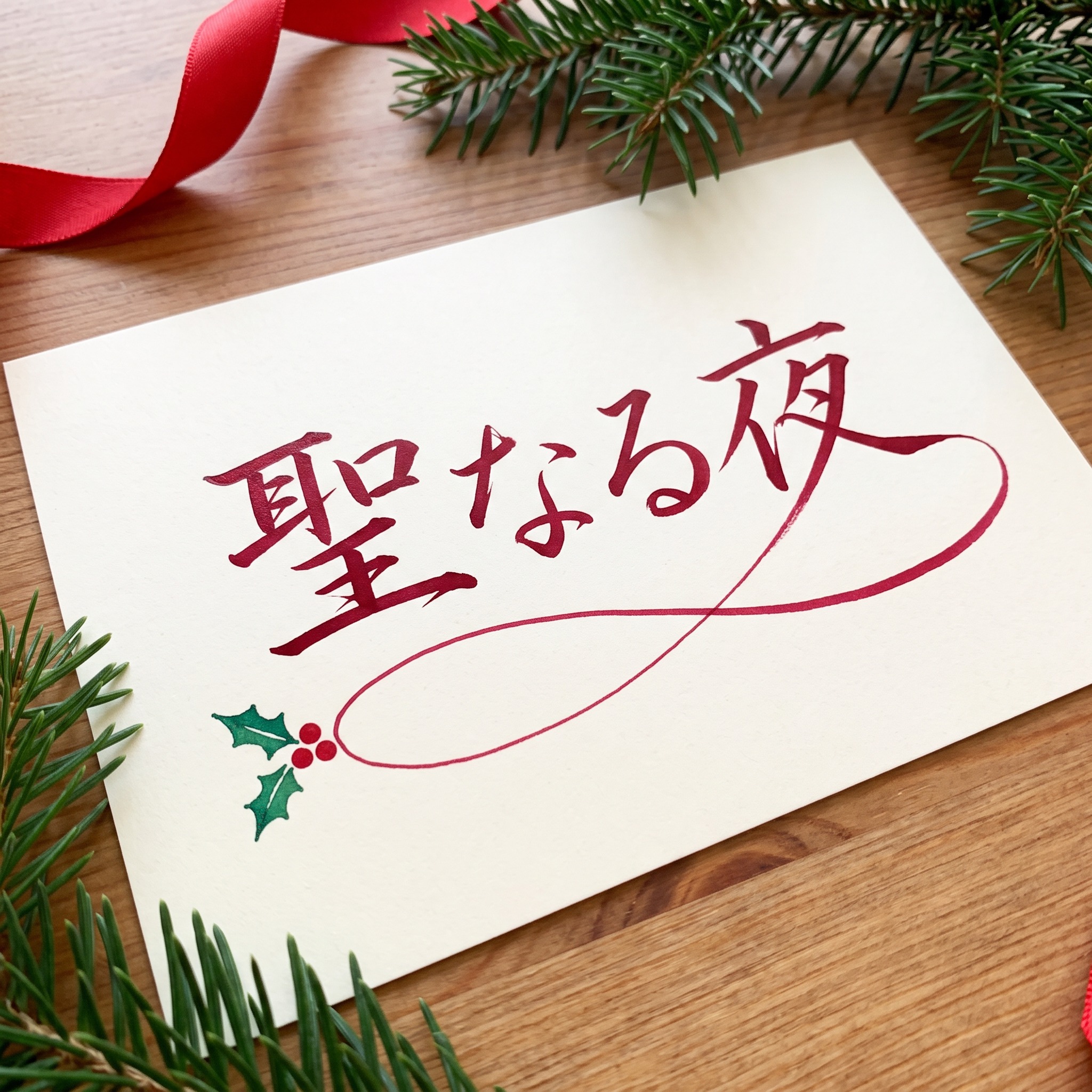 Nano Banana で生成した メリークリスマス 筆記体 AIフォント：文字「聖なる夜」
