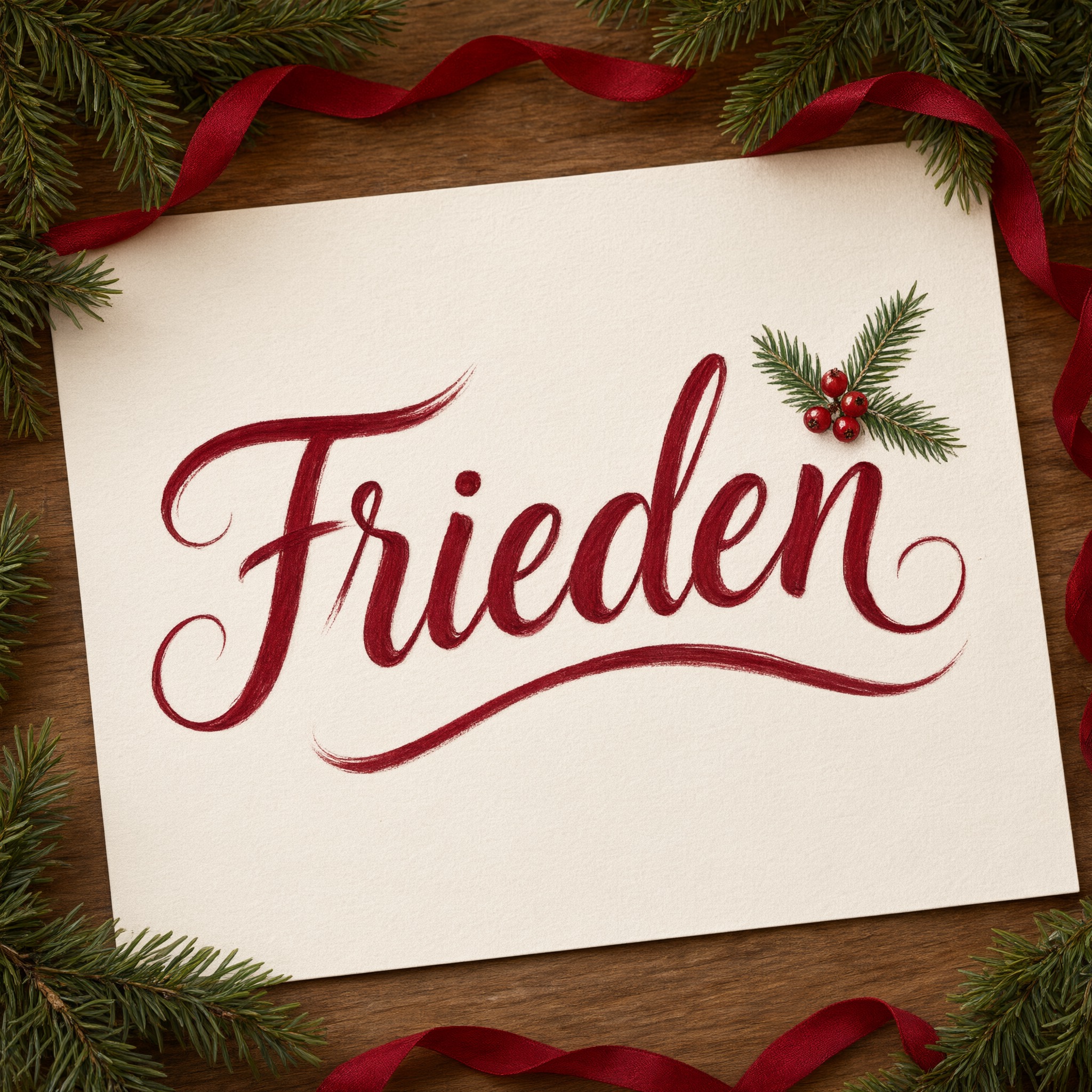 Weihnachtliche Schreibschrift KI-Schrift, erstellt mit Qwen-Image: das Wort Frieden