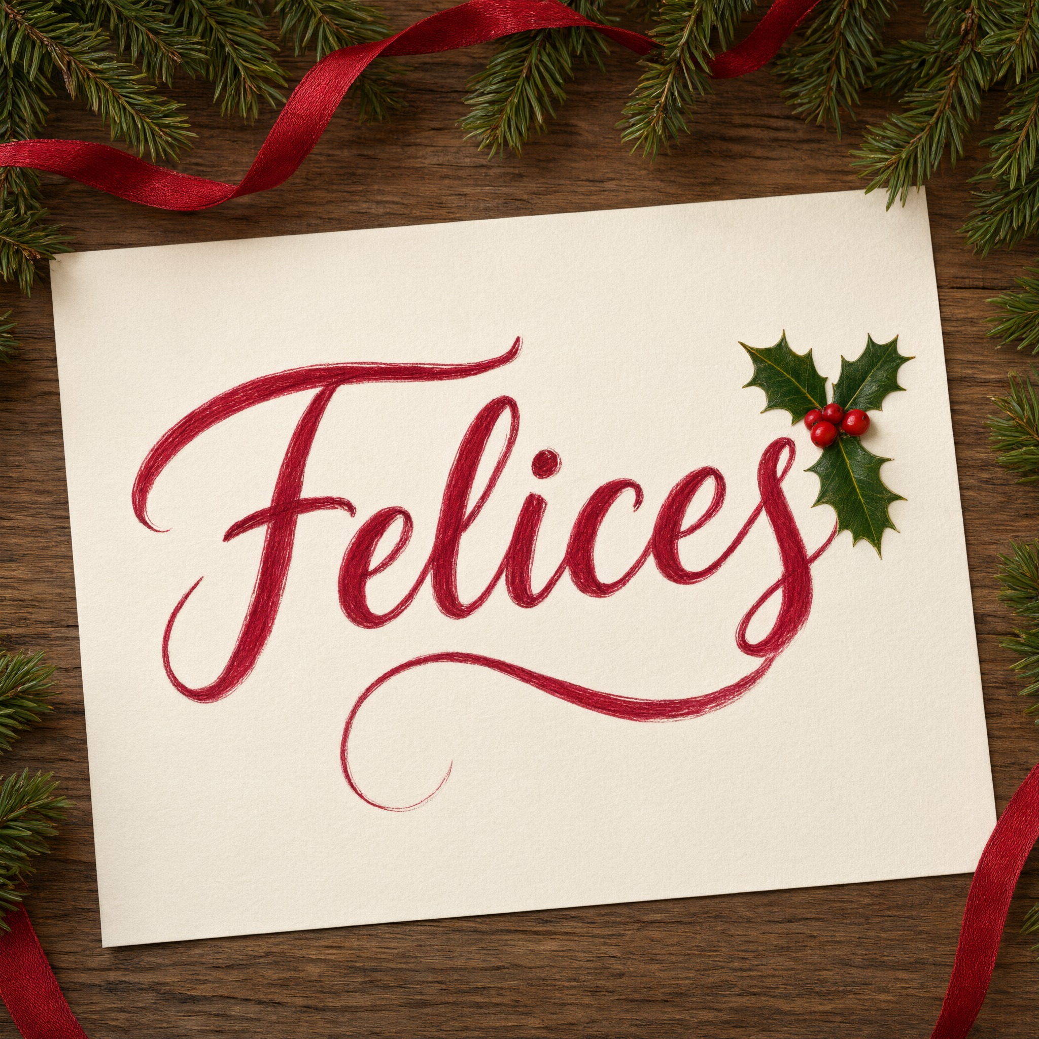 Fuente de IA Letra cursiva navideña generada con Qwen-Image: la palabra Felices